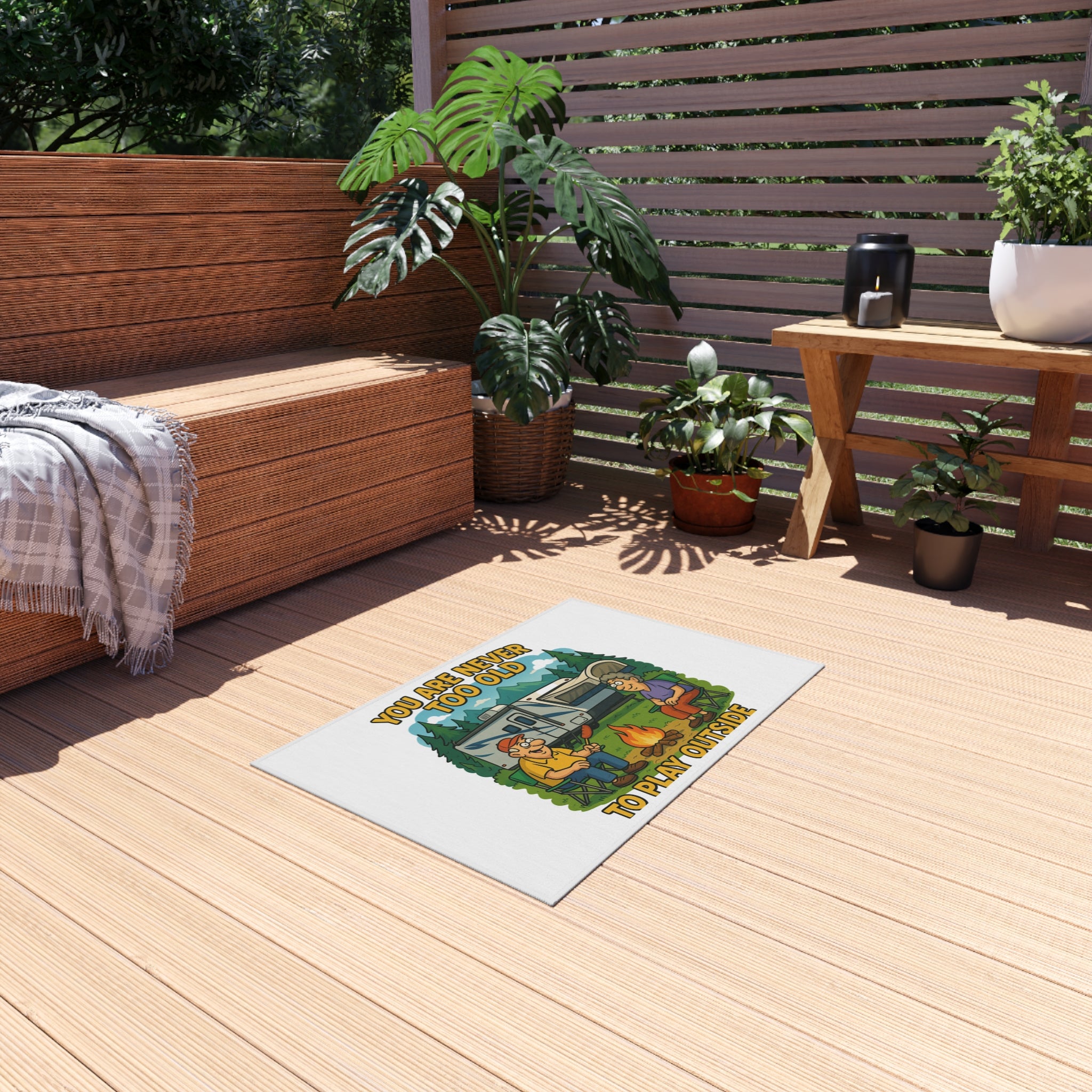 Outdoor Rug - 'You Are Never Too Old to Play Outside' Camping Mats for Patios and Picnics