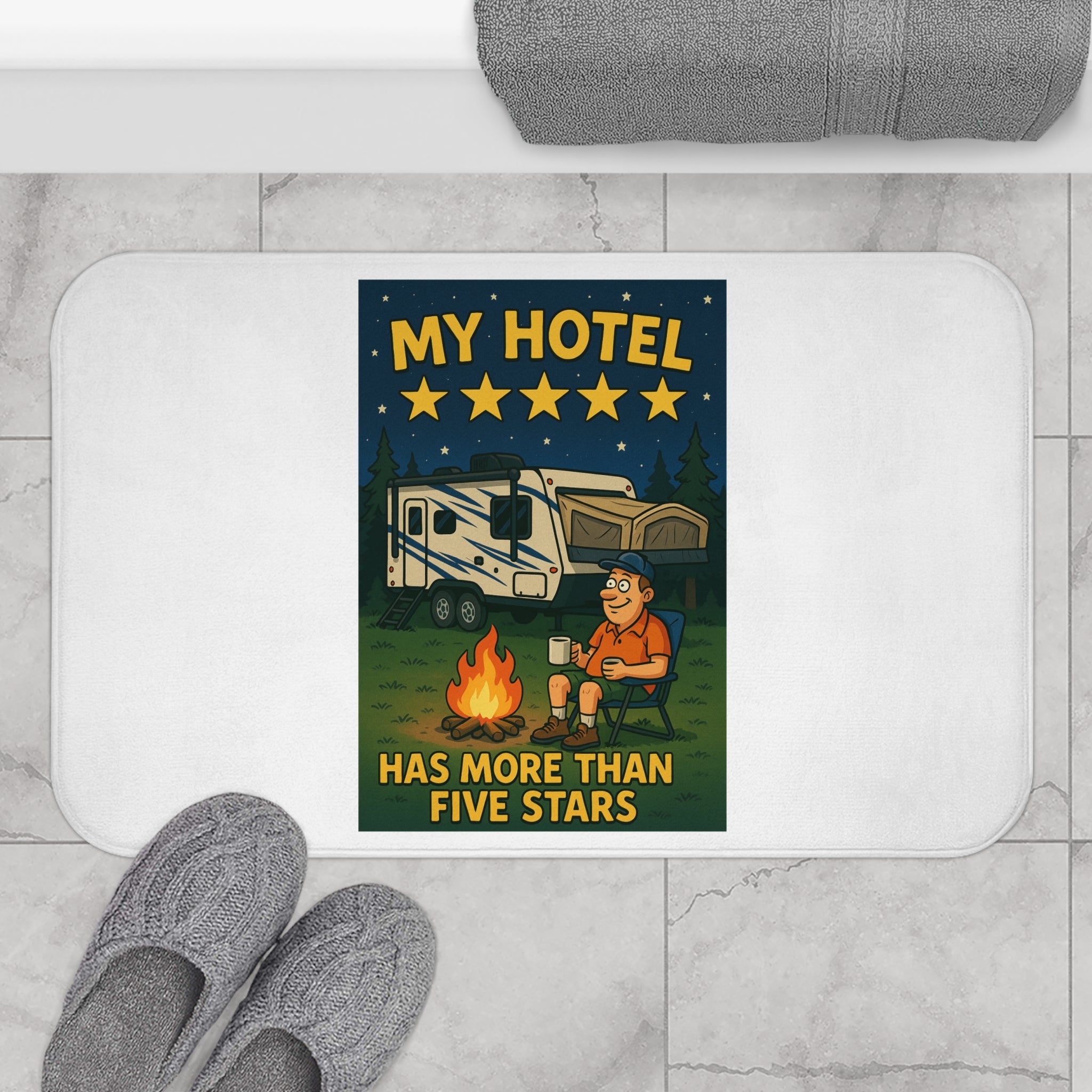 Camping-Themed Bath Mat, My Hotel Has More than Five Stars, RV Decor, Outdoor Lover Gift, Bathroom Rug, Camping Accessories