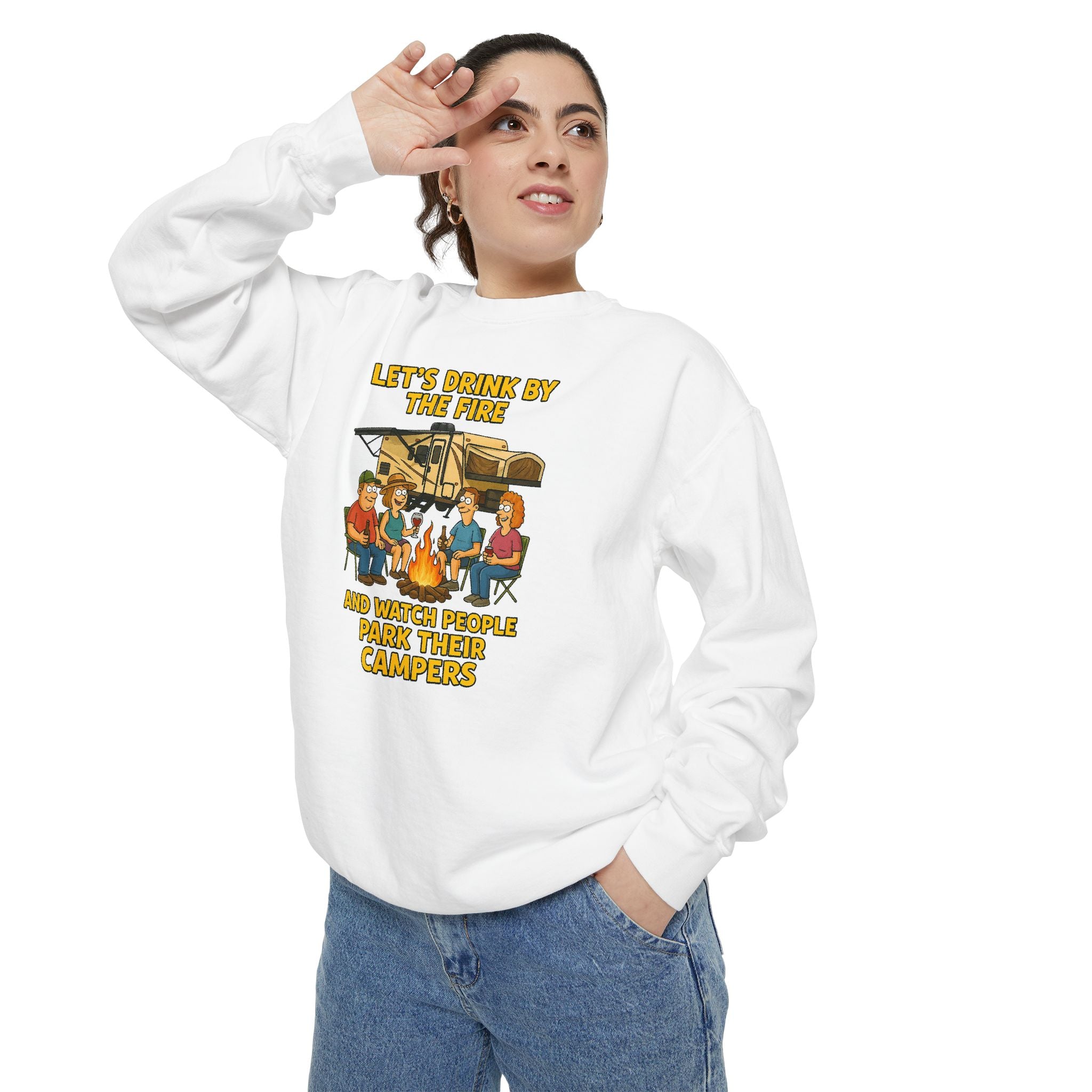 Cozy Campfire Sweatshirt - Let’s Drink by the Fire, Unisex Pullover, Perfect for Bonfires, Camping Trips, Outdoor Gatherings, Cozy Nights