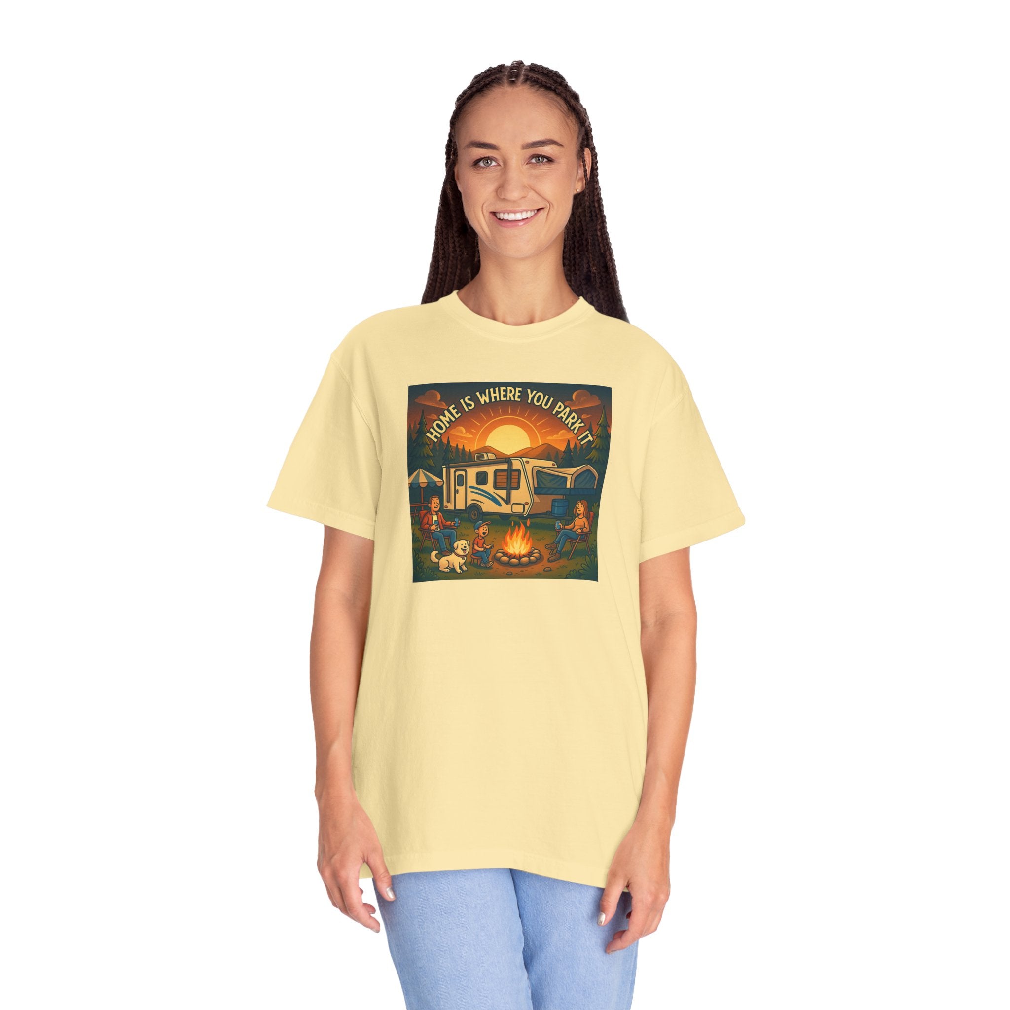 Home Is Where You Park T-shirt - Unisex Garment-Dyed Tee for Campers, Adventure Lovers, Outdoor Enthusiasts, Gift Idea