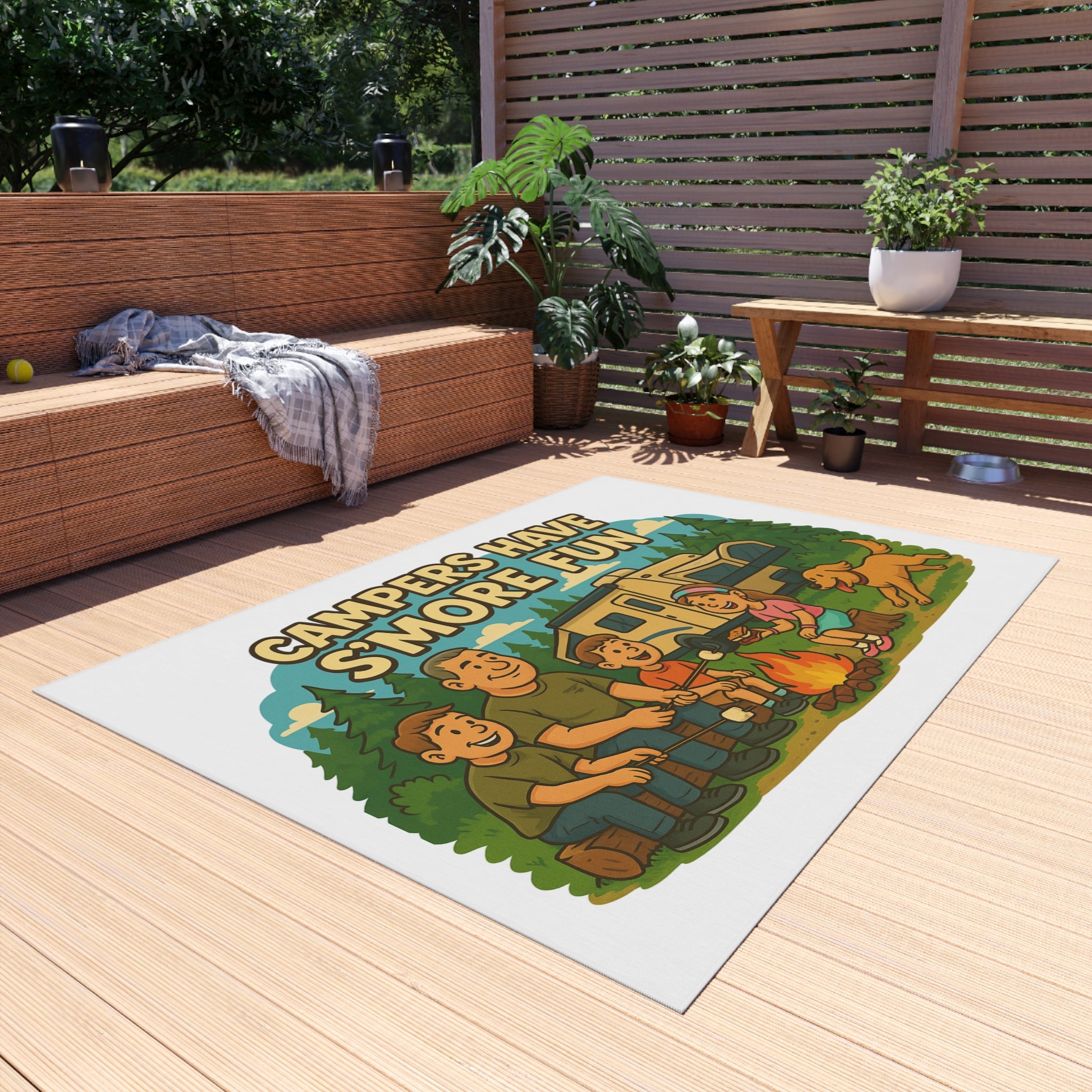 Campfire Fun Outdoor Rug, Family Camping Decor, Patio Mat, Garden Rug, Outdoor Entertaining, S'mores Themed
