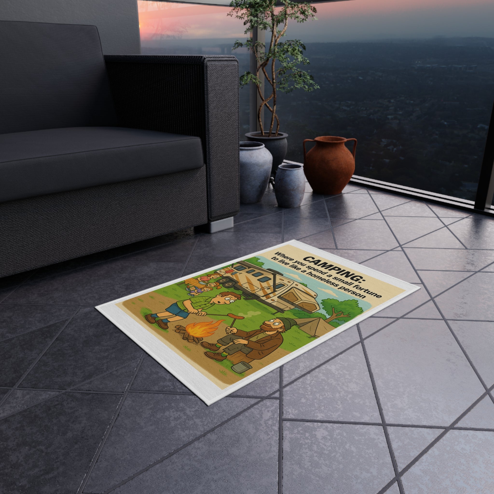 Camping Themed Outdoor Rug - Perfect for RV Adventures, Picnics, and Backyard Gatherings, Unique Gift for Outdoor Lovers