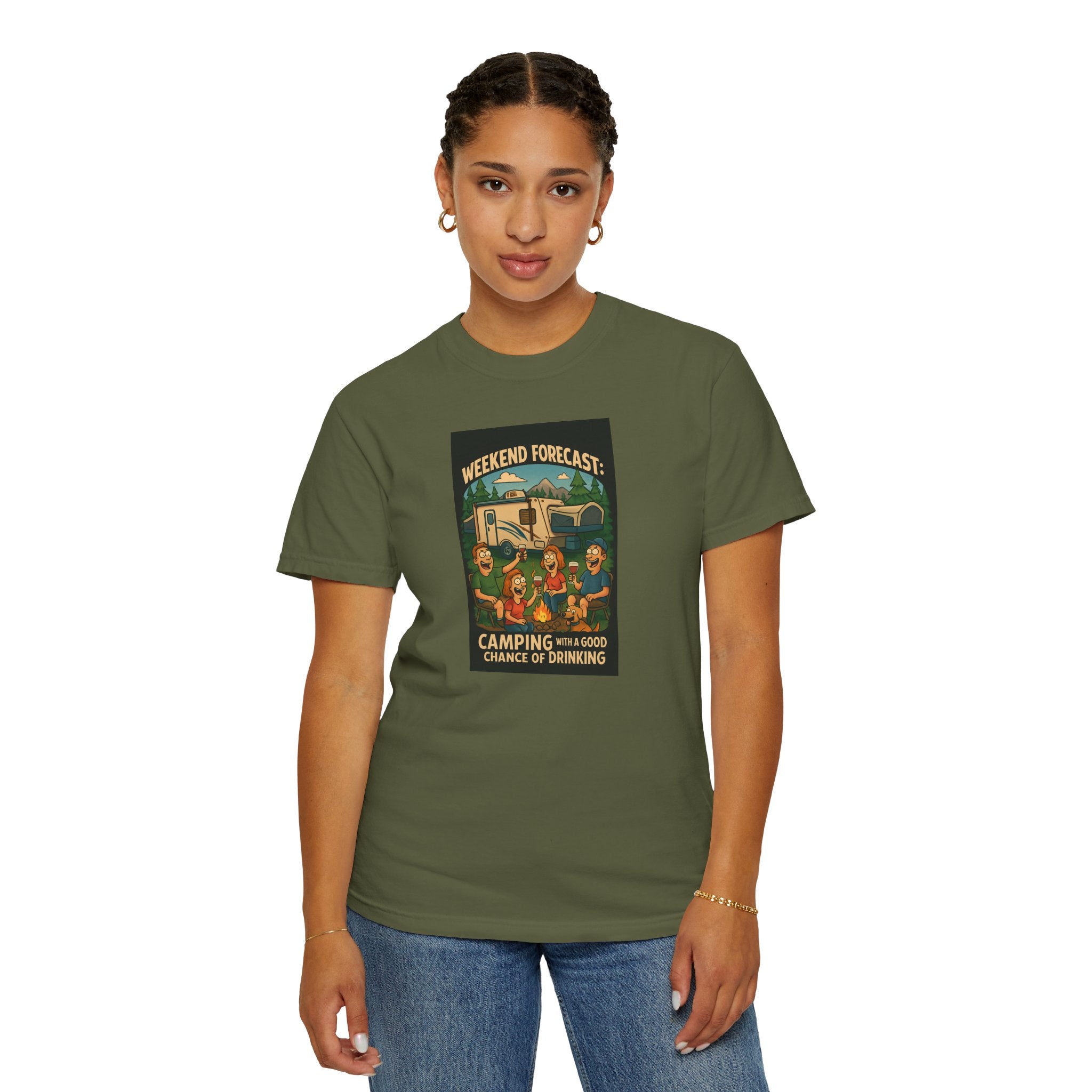 Camping Forecast T-Shirt, Unisex Graphic Tee, Gift for Campers, Outdoor Adventure Apparel, Weekend Getaway Shirt, Nature Lover's Tee