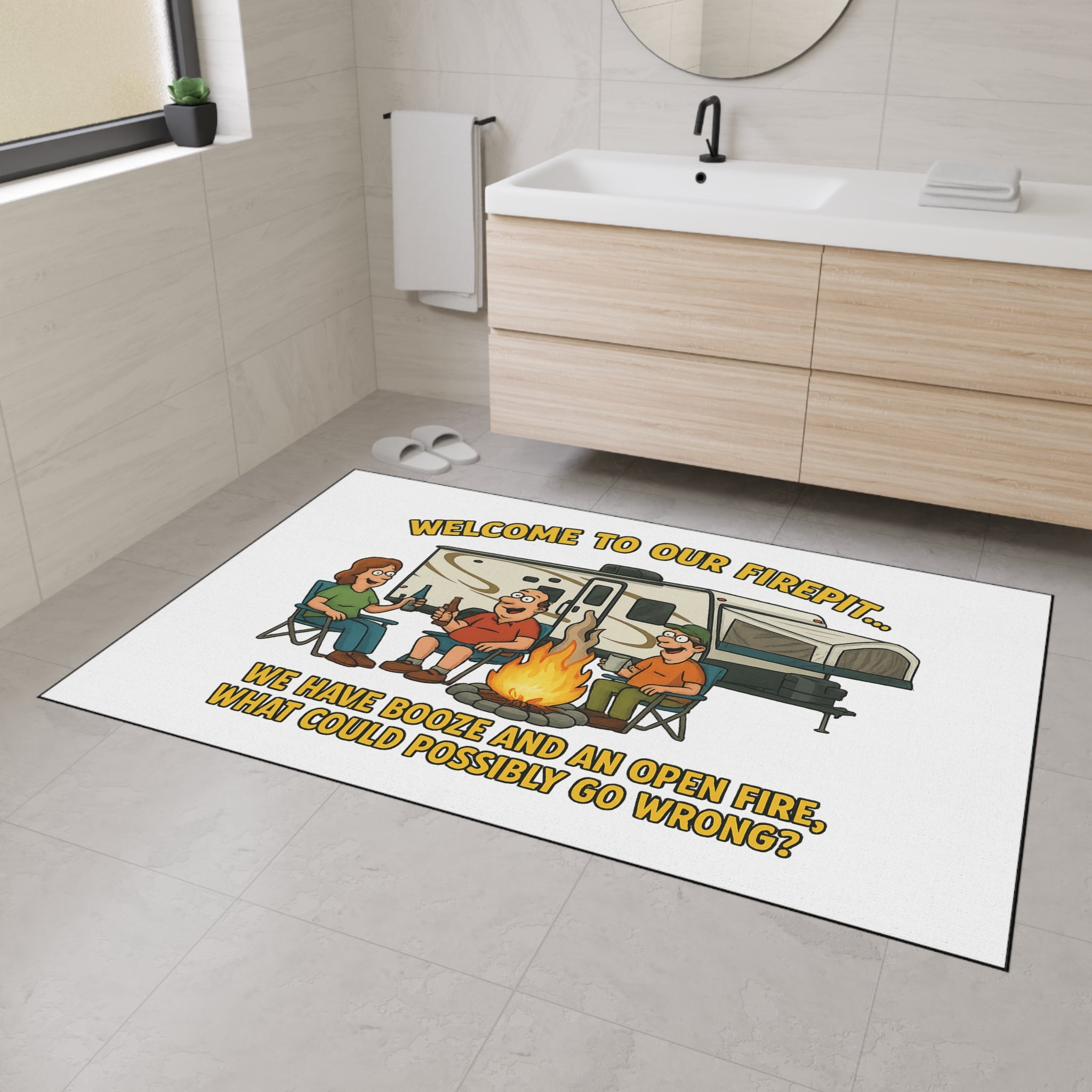 Camping Humor Floor Mat, Welcome to Our Firepit Mat, Outdoor Rug, Camping Decor, Funny Doormat, RV Accessories