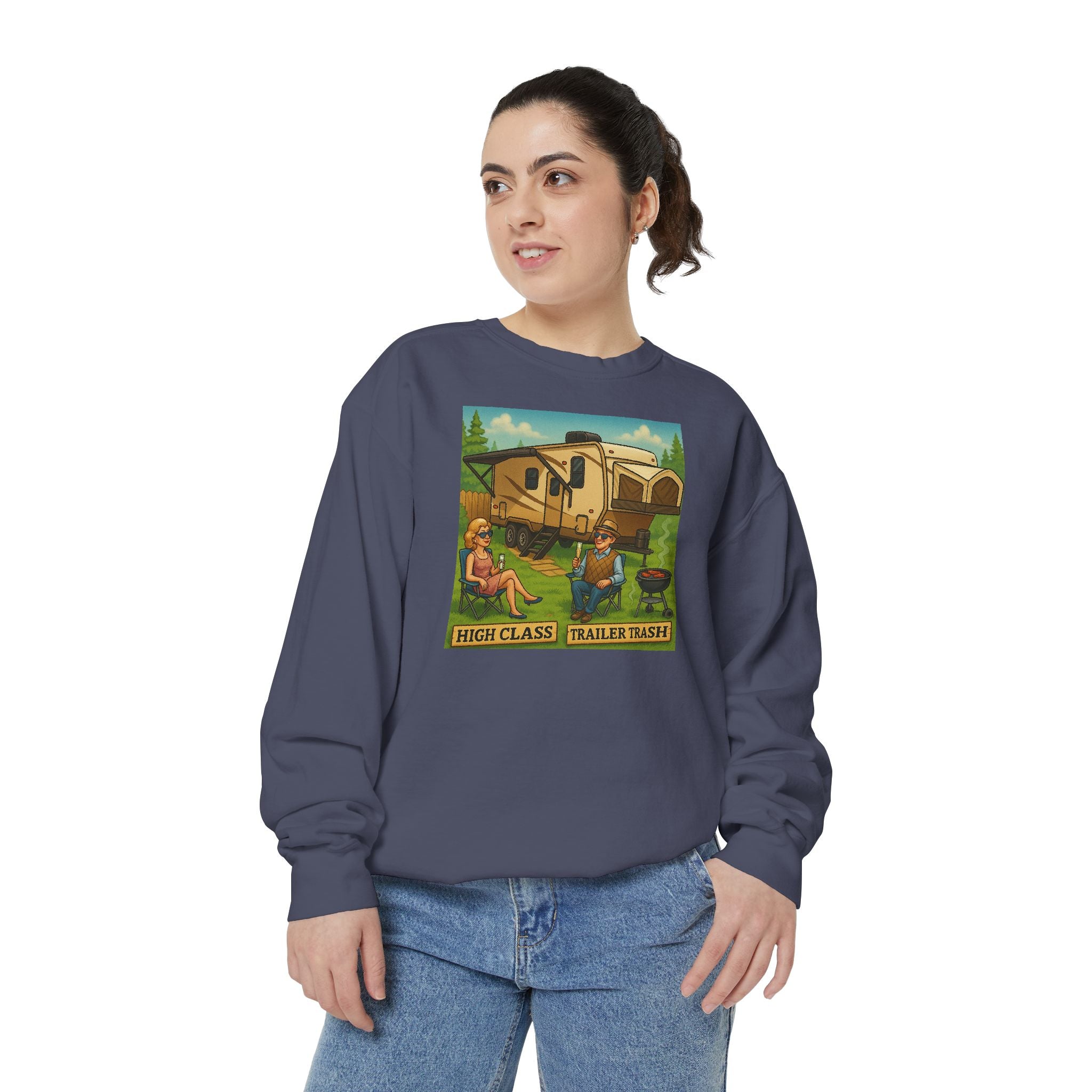 Vintage-Inspired Unisex Sweatshirt with 'High Class Trail Trash' Design