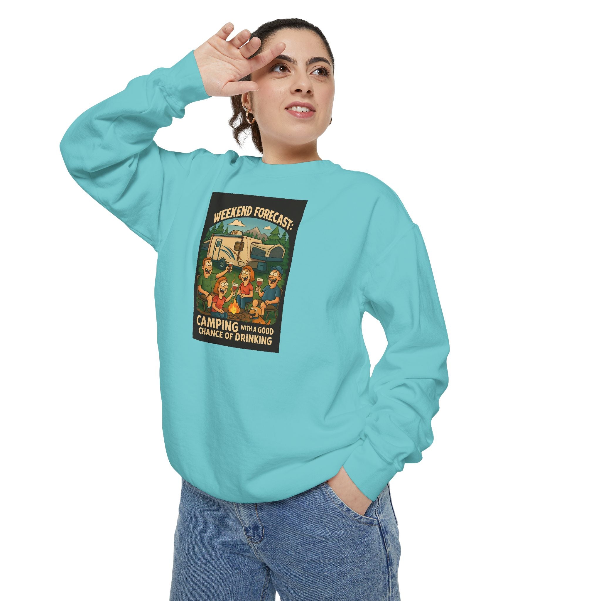 Weekend Forecast Camping Sweatshirt, Cozy Unisex Sweatshirt, Gift for Campers, Outdoor Adventure Apparel, Relaxed Fit Sweatshirt