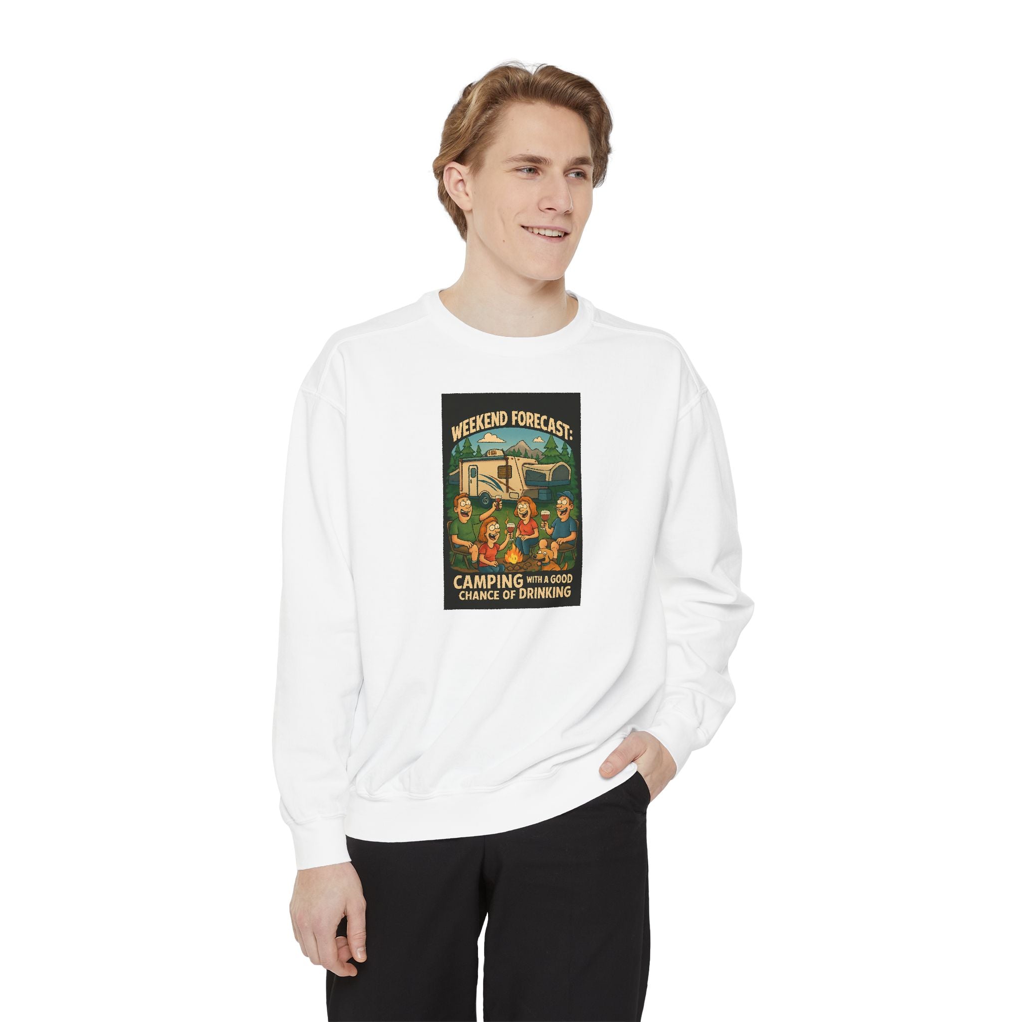 Weekend Forecast Camping Sweatshirt, Cozy Unisex Sweatshirt, Gift for Campers, Outdoor Adventure Apparel, Relaxed Fit Sweatshirt