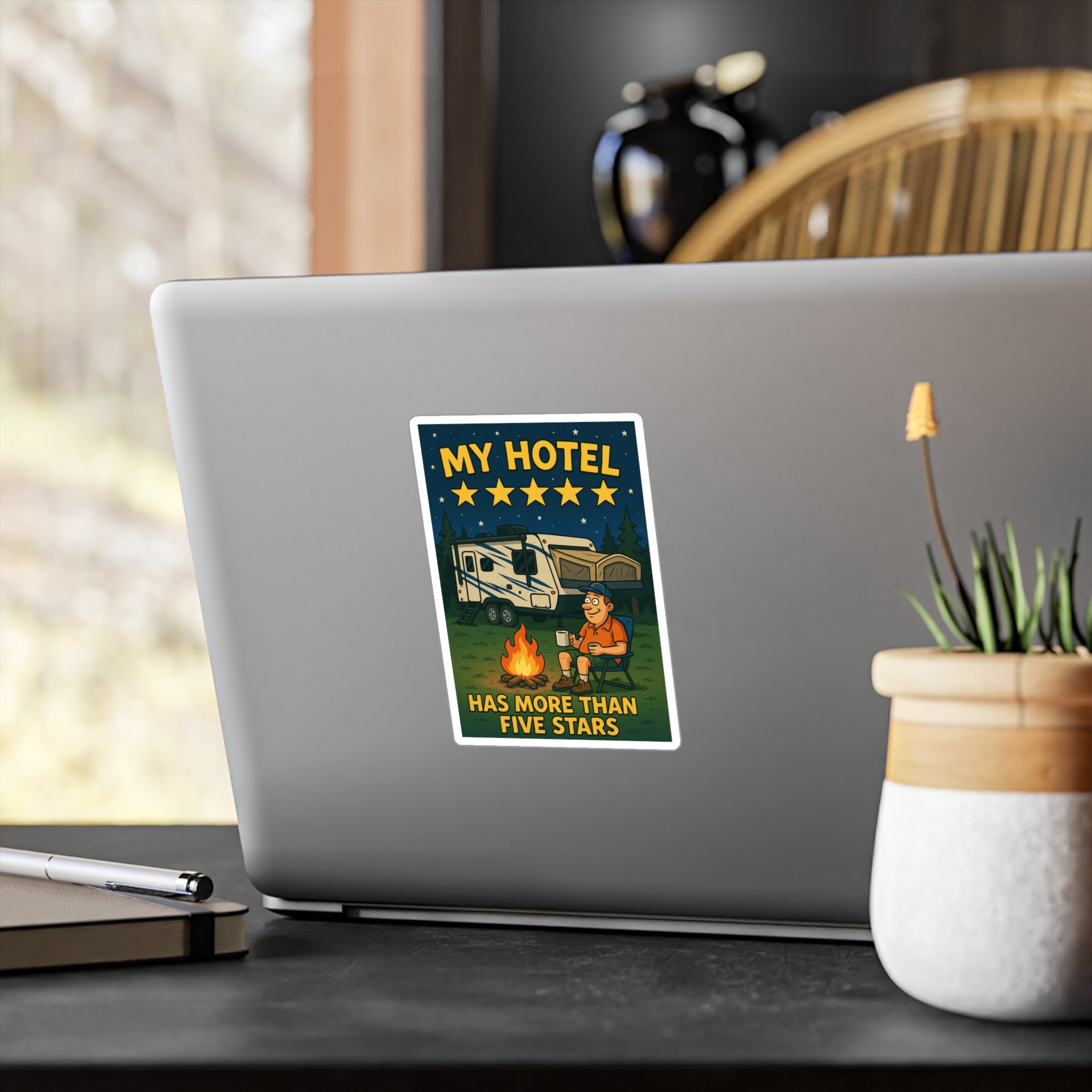 Camping Humor Vinyl Decal, My Hotel Five Stars Sticker, RV Camping Gift, Fun Outdoors Décor, Travel Décal for Adventure Lovers