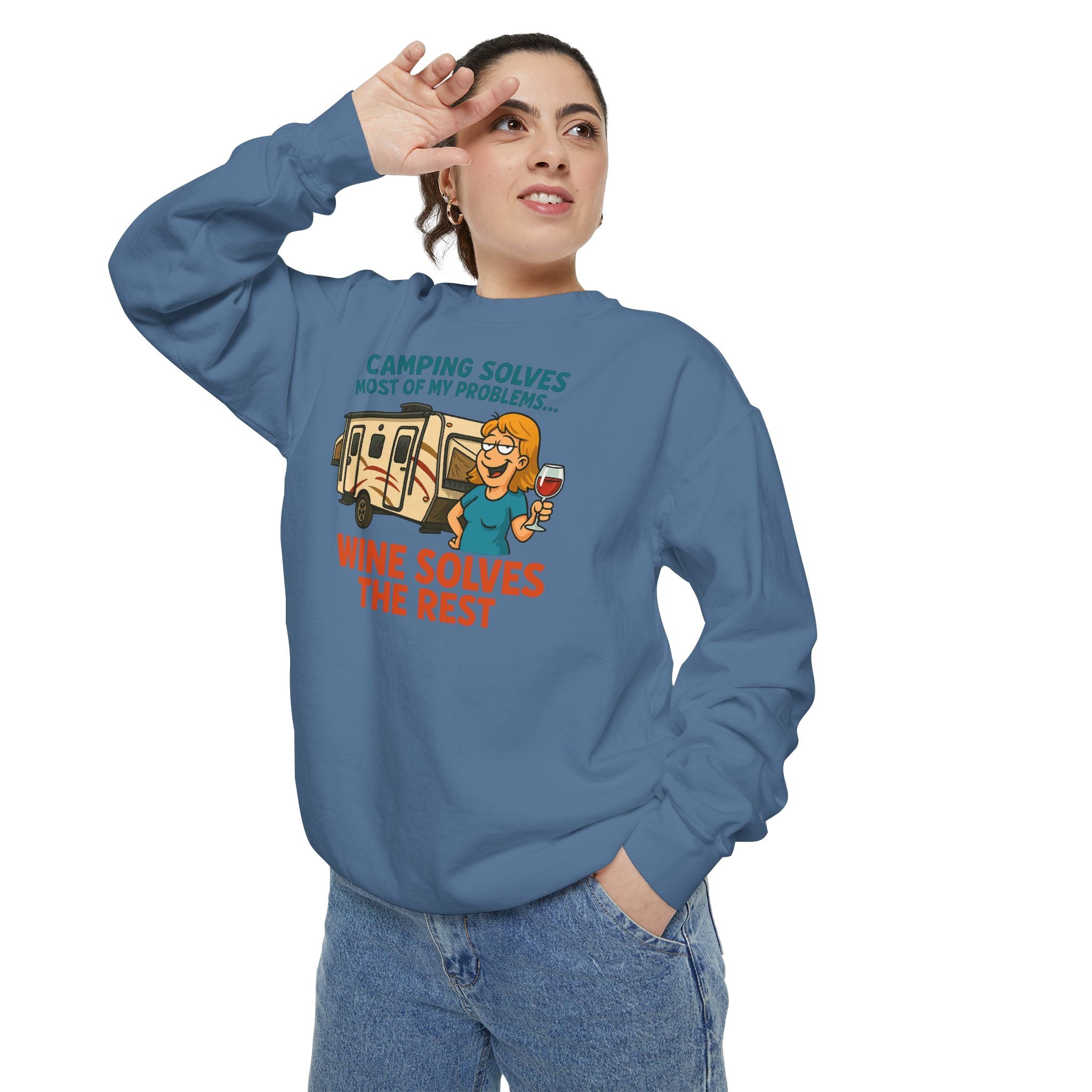 Camping Wine Sweatshirt | Unisex Garment-Dyed Pullover | Cozy Gift for Campers | Outdoor Adventures Apparel | Relaxed Fit Top