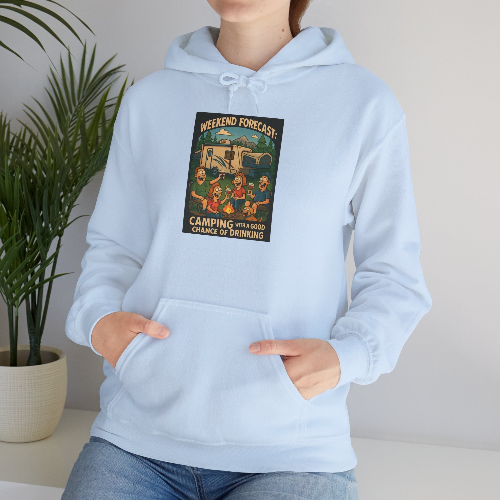 Camping Forecast Graphic Hoodie, Unisex Heavy Blend Sweatshirt, Outdoor Apparel, Weekend Getaway Gift, Nature Lover Clothing