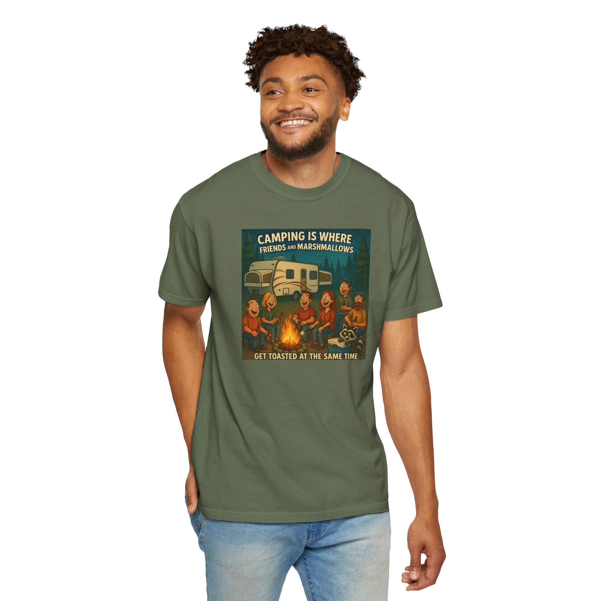 Camping T-Shirt: Get Toasted with Friends, Unisex Garment-Dyed Tee, Outdoor Adventure Shirt, Camping Gift, Summer BBQ Shirt, Family [...]