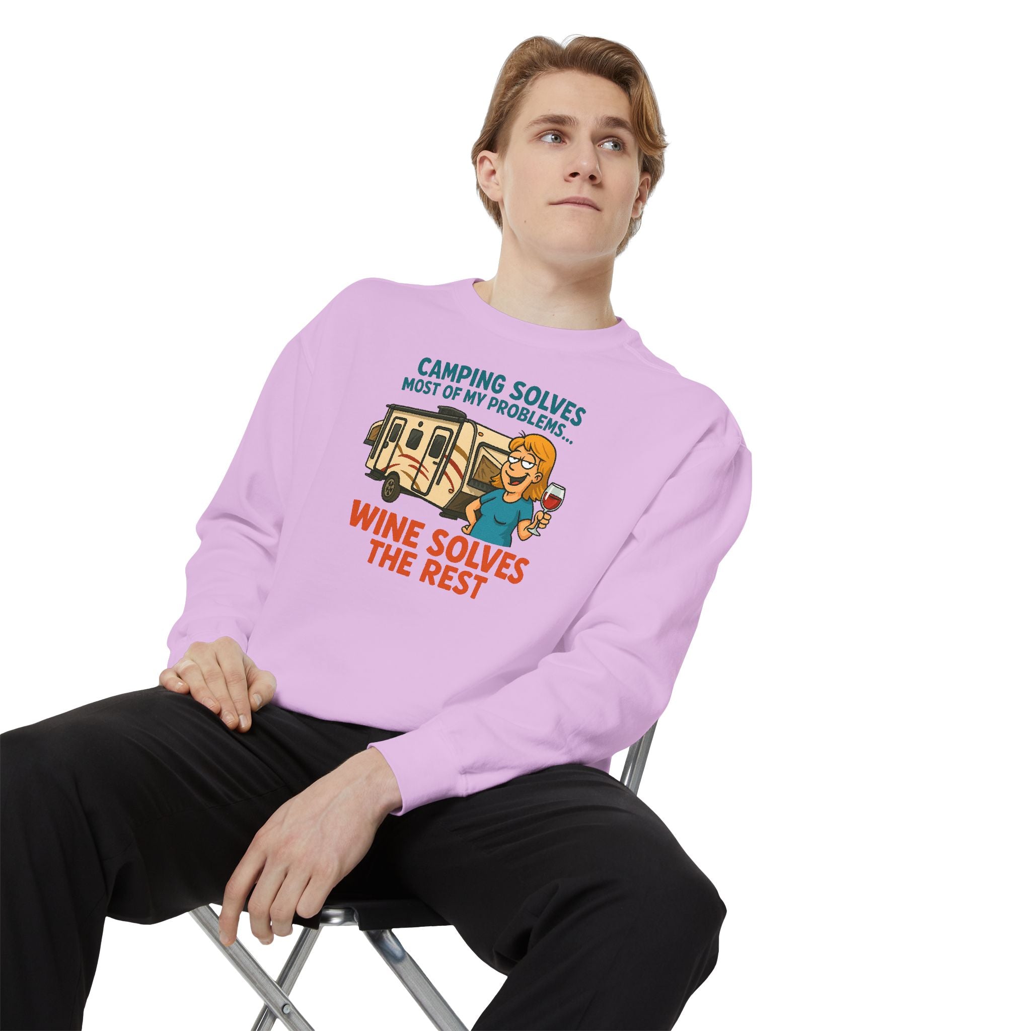 Camping Wine Sweatshirt | Unisex Garment-Dyed Pullover | Cozy Gift for Campers | Outdoor Adventures Apparel | Relaxed Fit Top