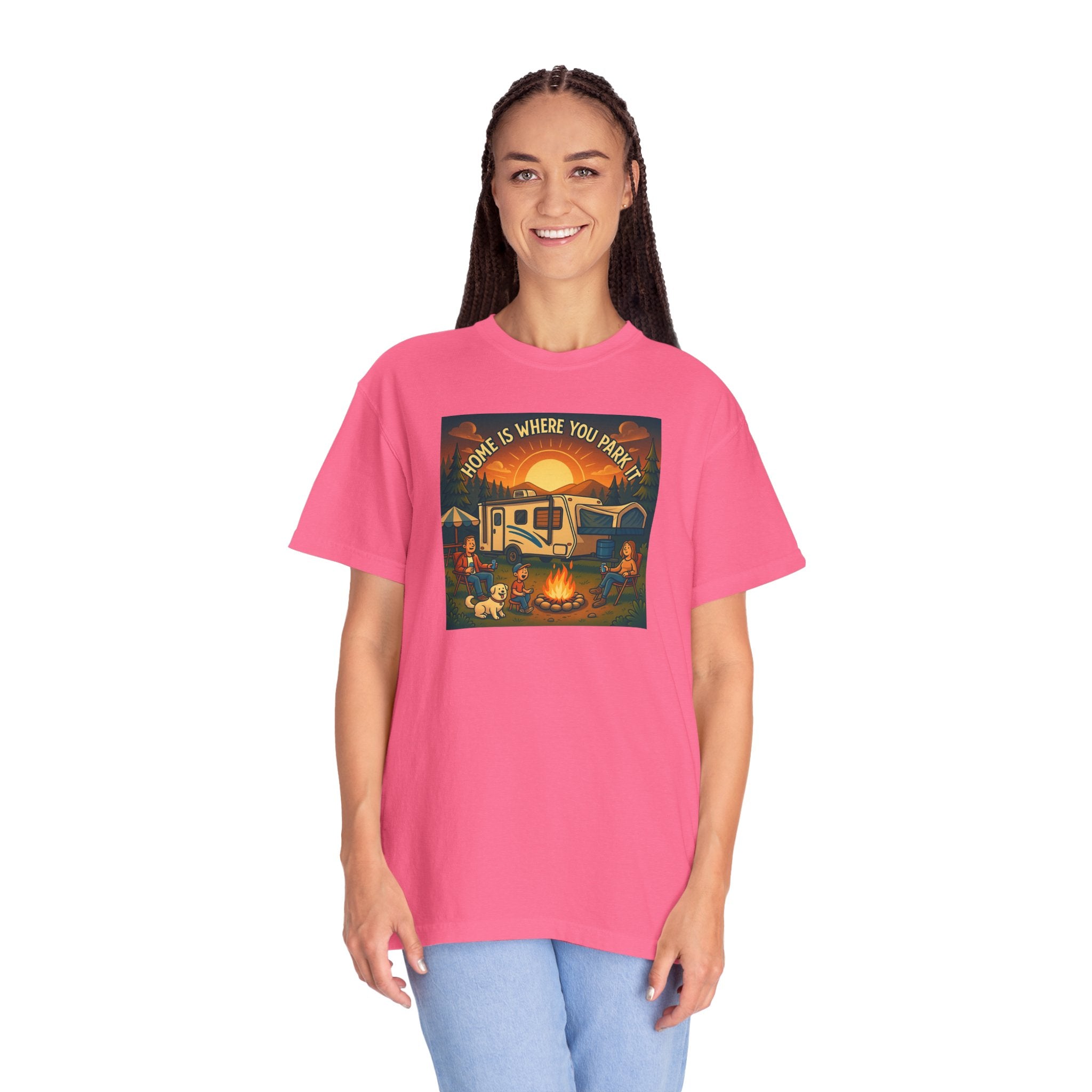 Home Is Where You Park T-shirt - Unisex Garment-Dyed Tee for Campers, Adventure Lovers, Outdoor Enthusiasts, Gift Idea
