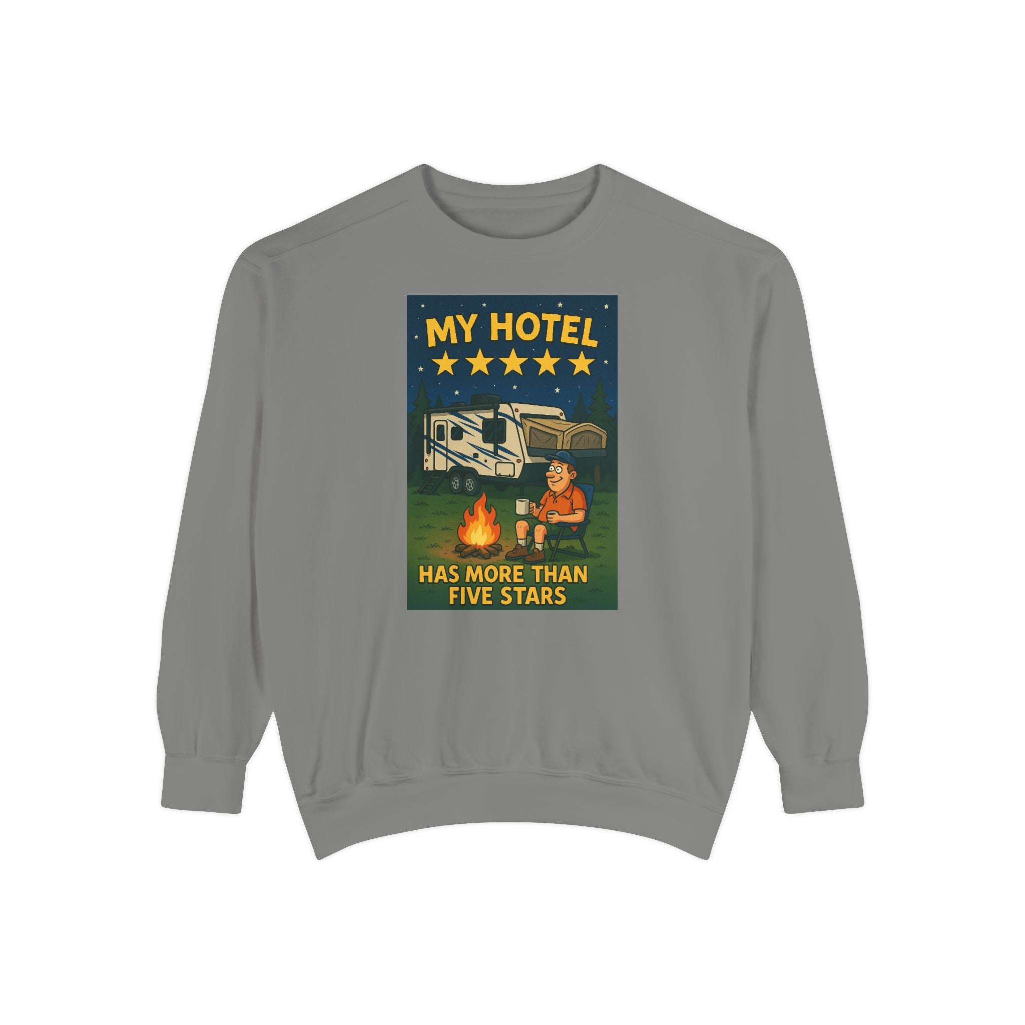 My Hotel Sweatshirt - Cozy Camping Apparel, Unisex Garment-Dyed Sweatshirt for Outdoor Lovers, Perfect for Bonfire Nights, Gift for Campers
