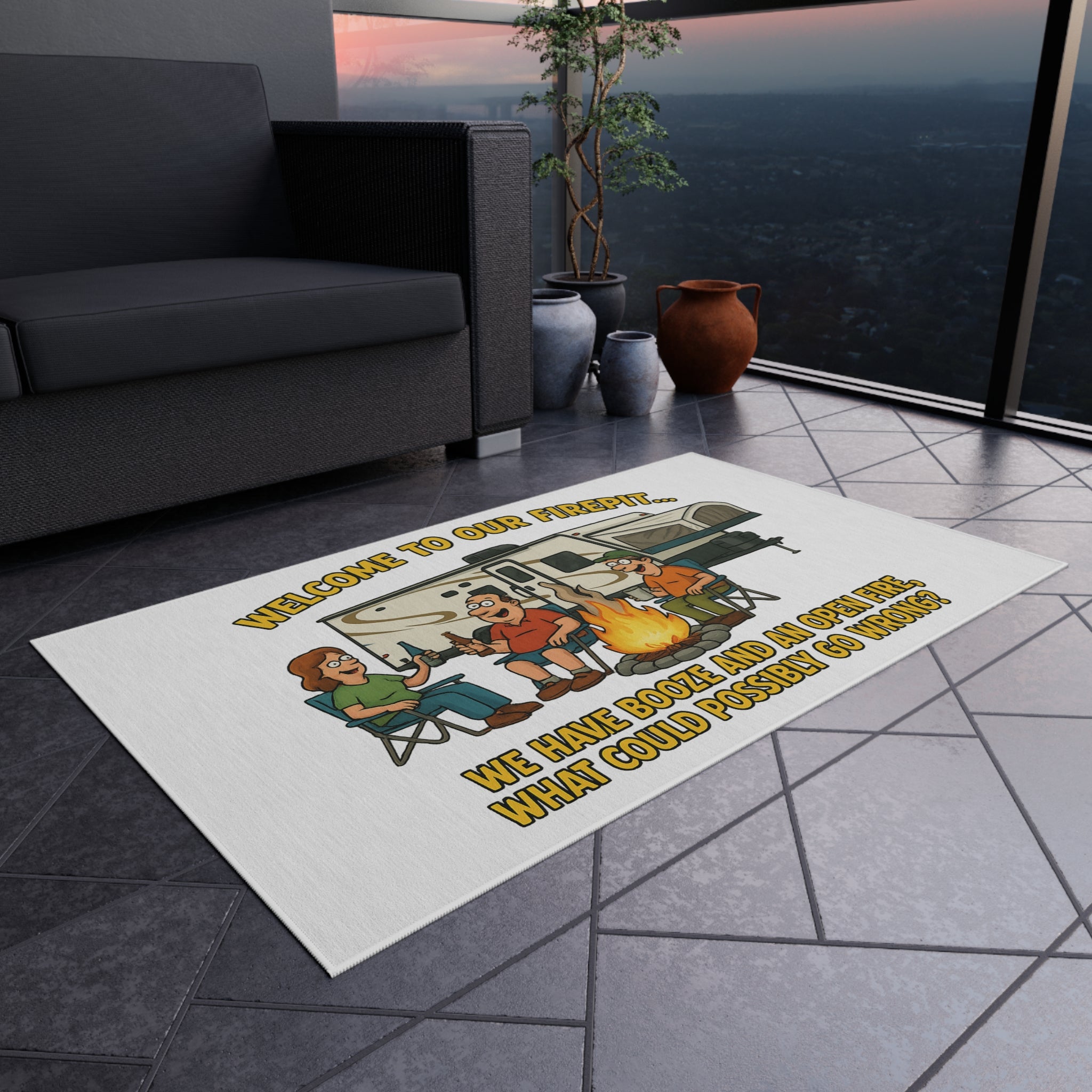 Welcome to Our Firepit Outdoor Rug - Perfect for Camping, Backyard Gatherings, RV Decor, and Bonfire Nights