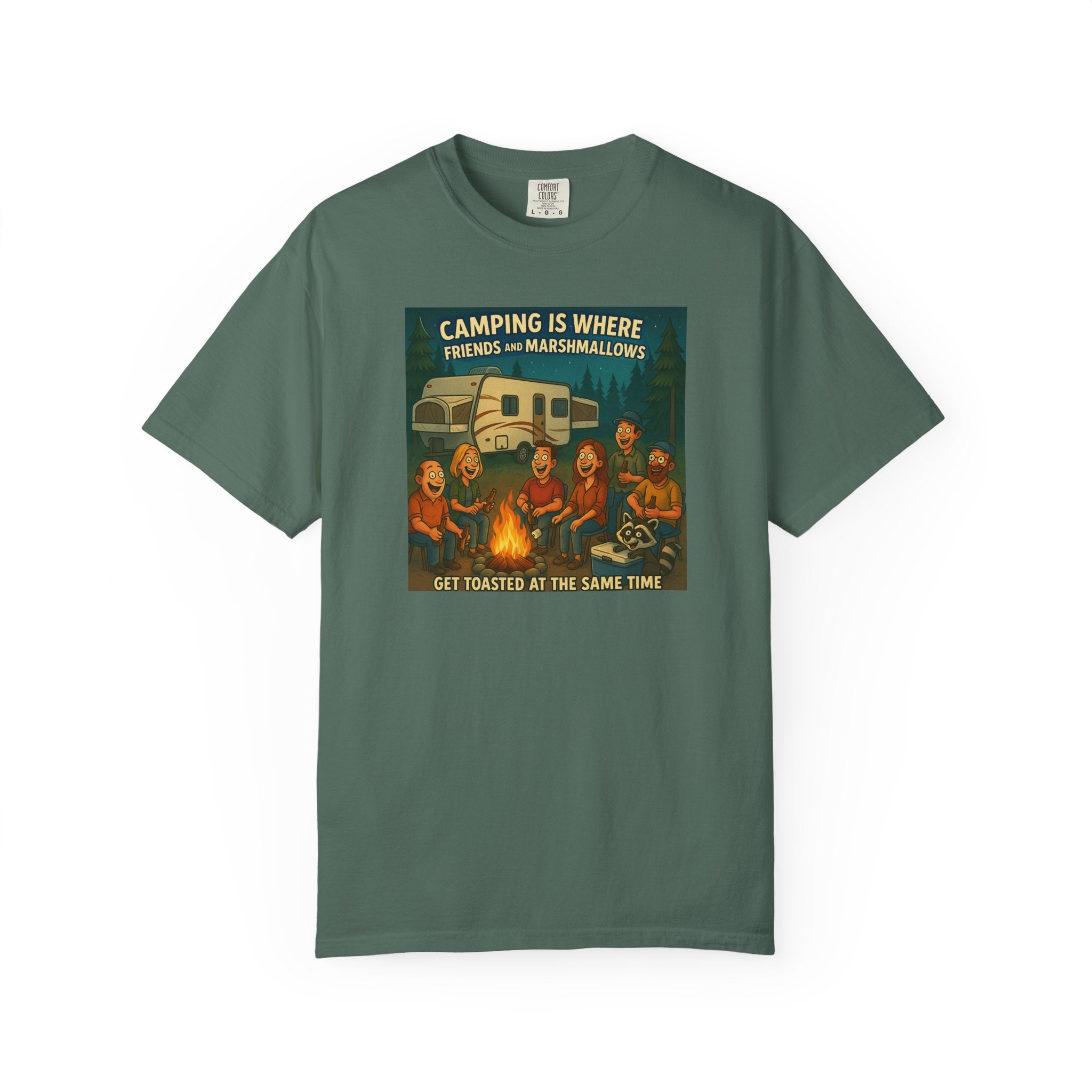 Camping T-Shirt: Get Toasted with Friends, Unisex Garment-Dyed Tee, Outdoor Adventure Shirt, Camping Gift, Summer BBQ Shirt, Family [...]