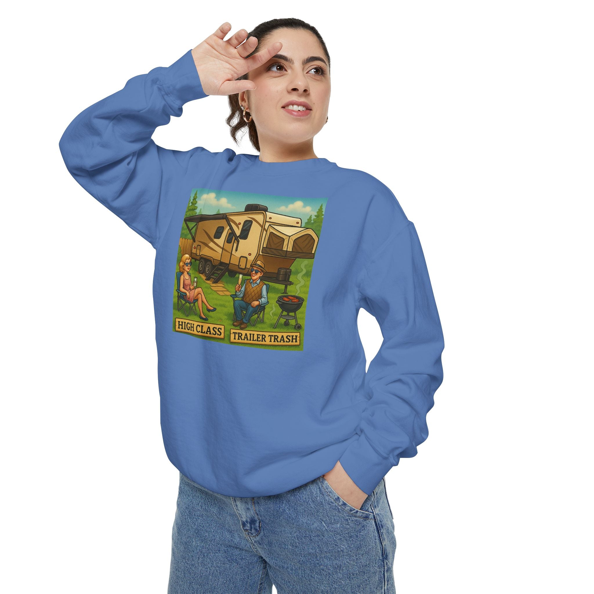 Vintage-Inspired Unisex Sweatshirt with 'High Class Trail Trash' Design