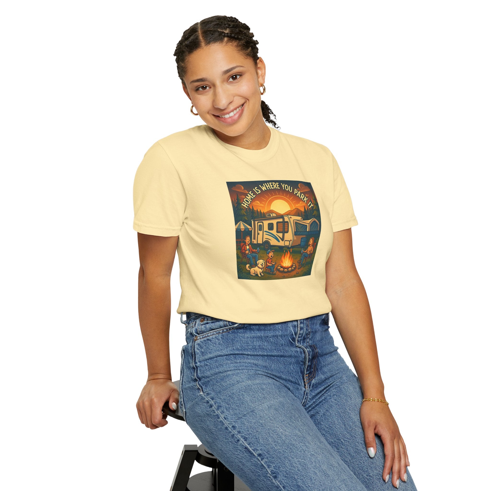 Home Is Where You Park T-shirt - Unisex Garment-Dyed Tee for Campers, Adventure Lovers, Outdoor Enthusiasts, Gift Idea