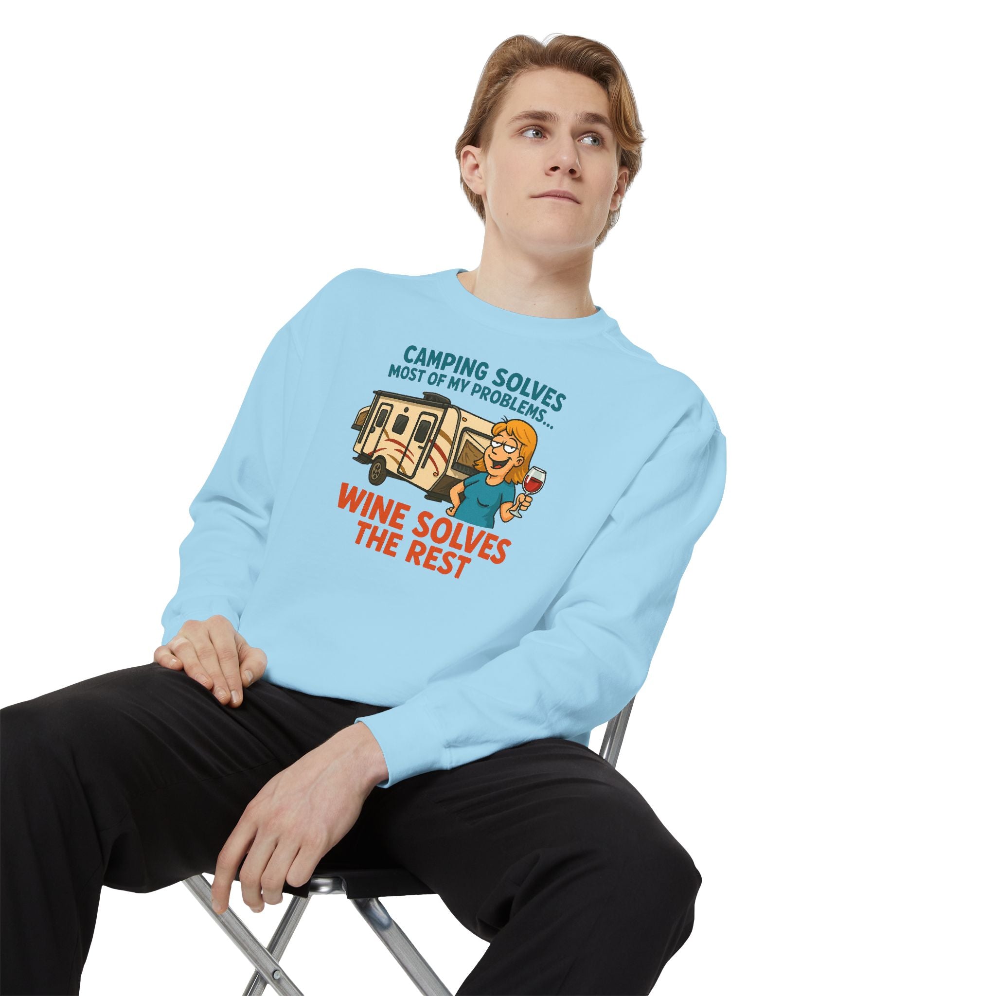 Camping Wine Sweatshirt | Unisex Garment-Dyed Pullover | Cozy Gift for Campers | Outdoor Adventures Apparel | Relaxed Fit Top
