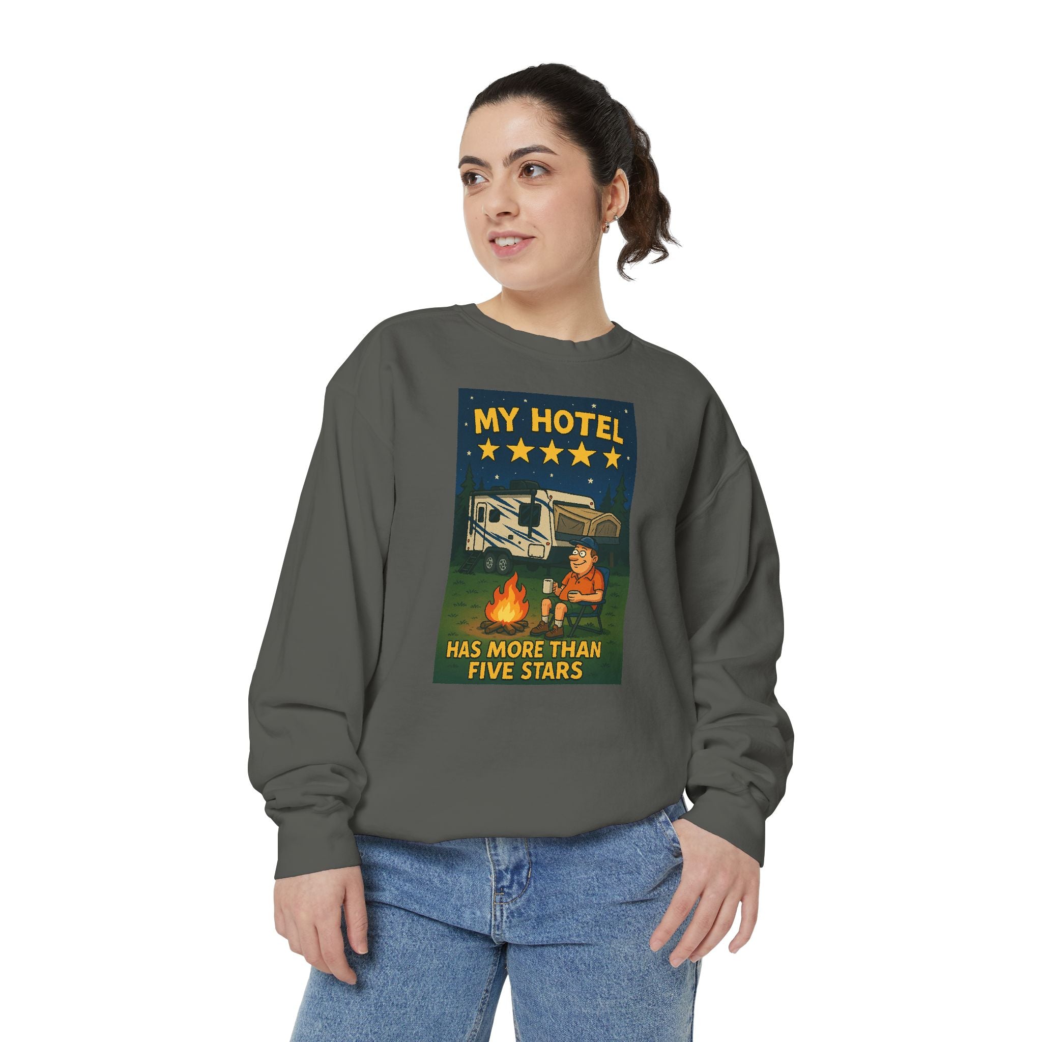 My Hotel Sweatshirt - Cozy Camping Apparel, Unisex Garment-Dyed Sweatshirt for Outdoor Lovers, Perfect for Bonfire Nights, Gift for Campers
