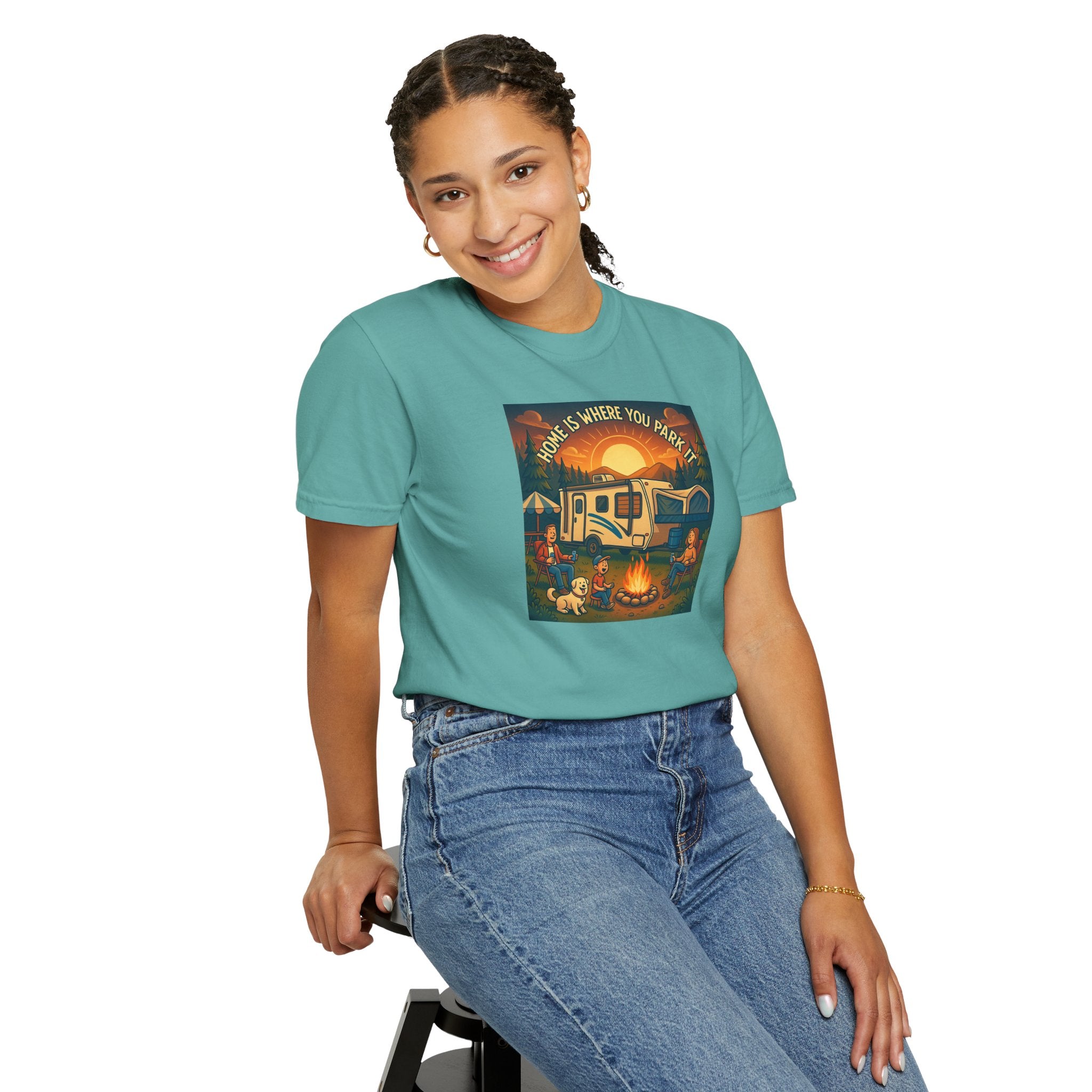 Home Is Where You Park T-shirt - Unisex Garment-Dyed Tee for Campers, Adventure Lovers, Outdoor Enthusiasts, Gift Idea