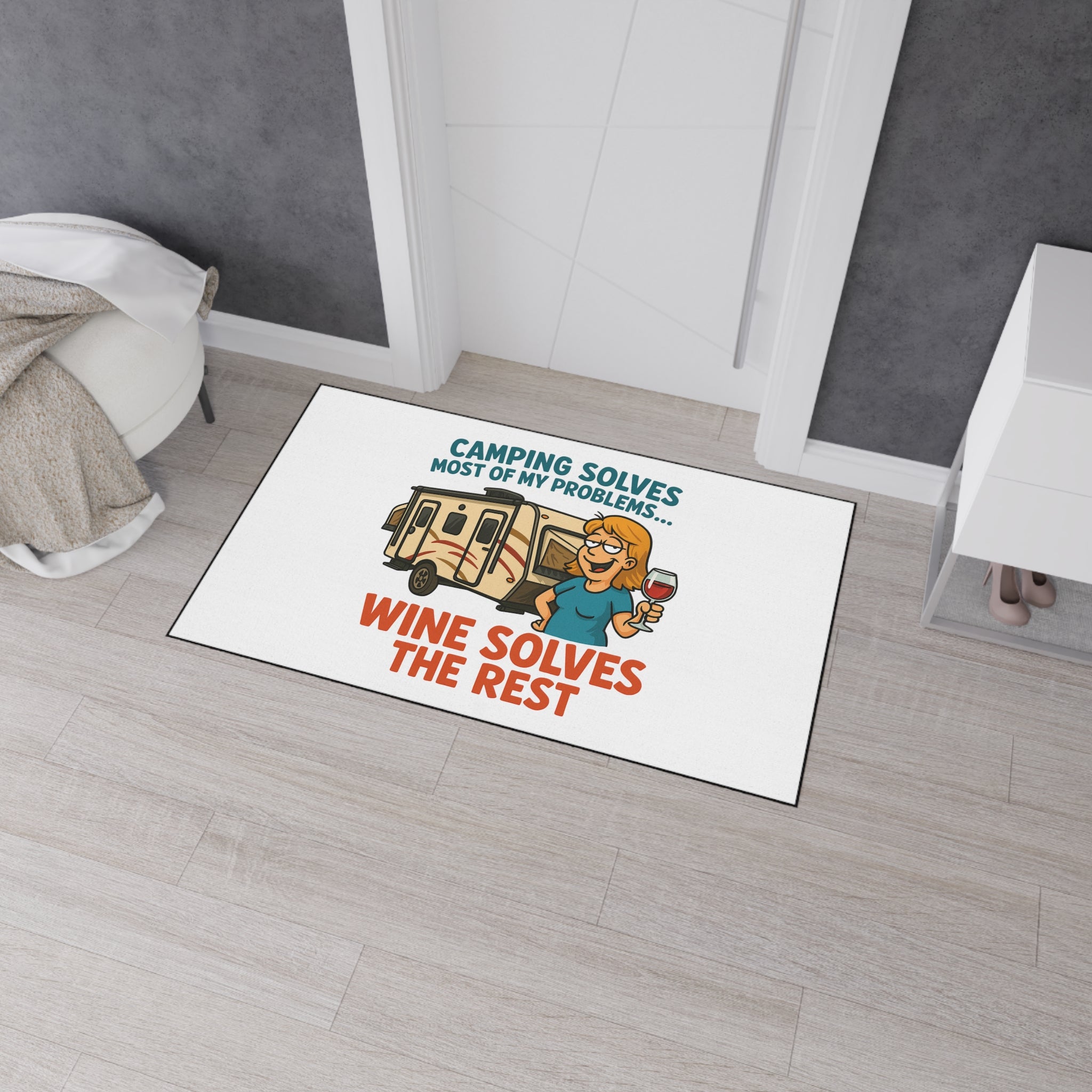 Camping Themed Floor Mat - 'Camping Solves... Wine Solves the Rest', Outdoor Decor, RV Accessories, Gift for Campers, Wine Lovers