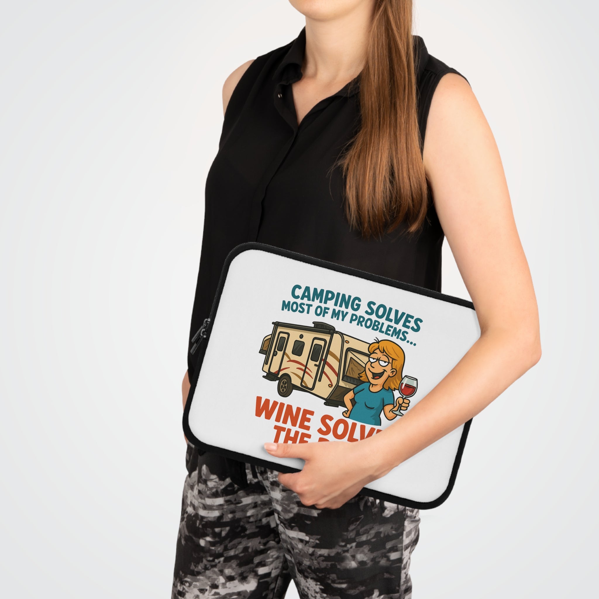 Camping Wine Lover's Laptop Sleeve, Neoprene Case, RV Gift, Wine Enthusiast Accessory, Outdoor Adventure Organizer