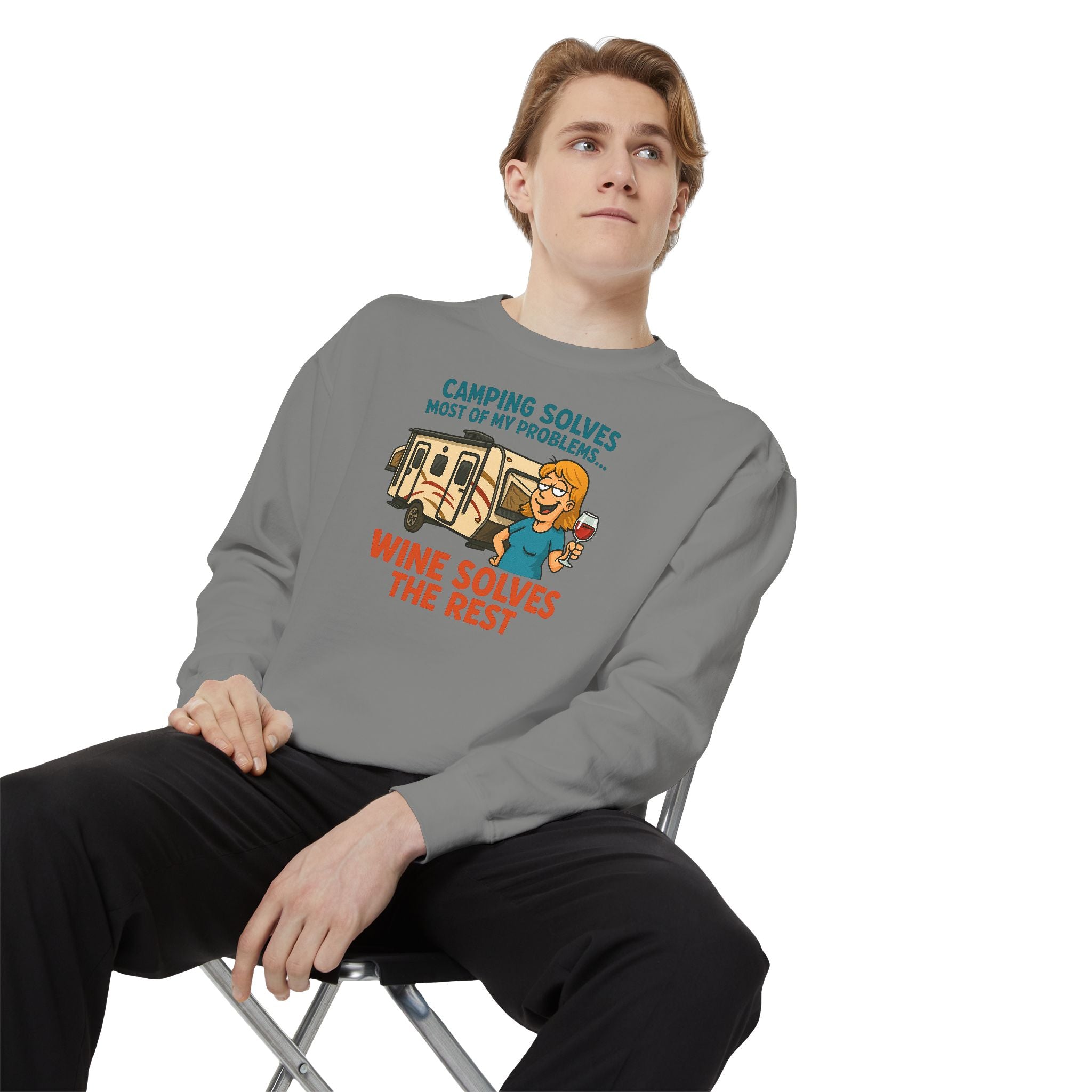Camping Wine Sweatshirt | Unisex Garment-Dyed Pullover | Cozy Gift for Campers | Outdoor Adventures Apparel | Relaxed Fit Top