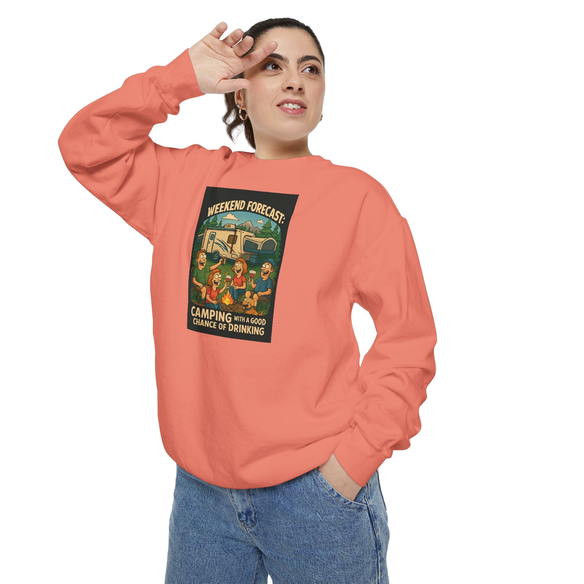 Weekend Forecast Camping Sweatshirt, Cozy Unisex Sweatshirt, Gift for Campers, Outdoor Adventure Apparel, Relaxed Fit Sweatshirt