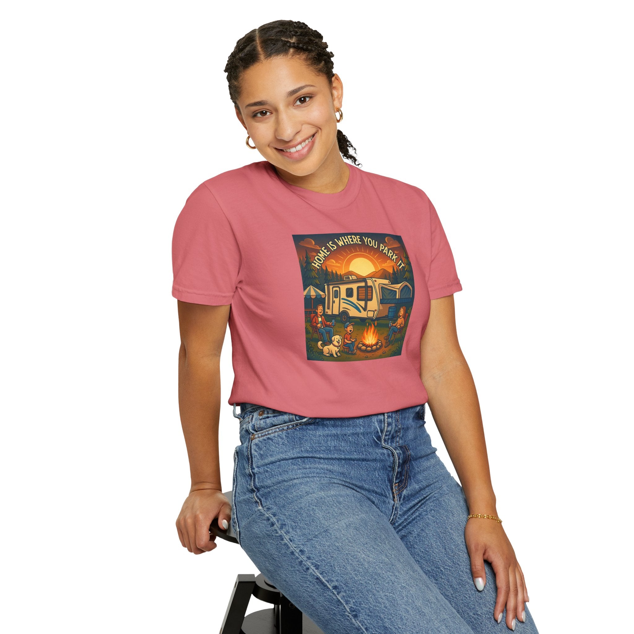 Home Is Where You Park T-shirt - Unisex Garment-Dyed Tee for Campers, Adventure Lovers, Outdoor Enthusiasts, Gift Idea