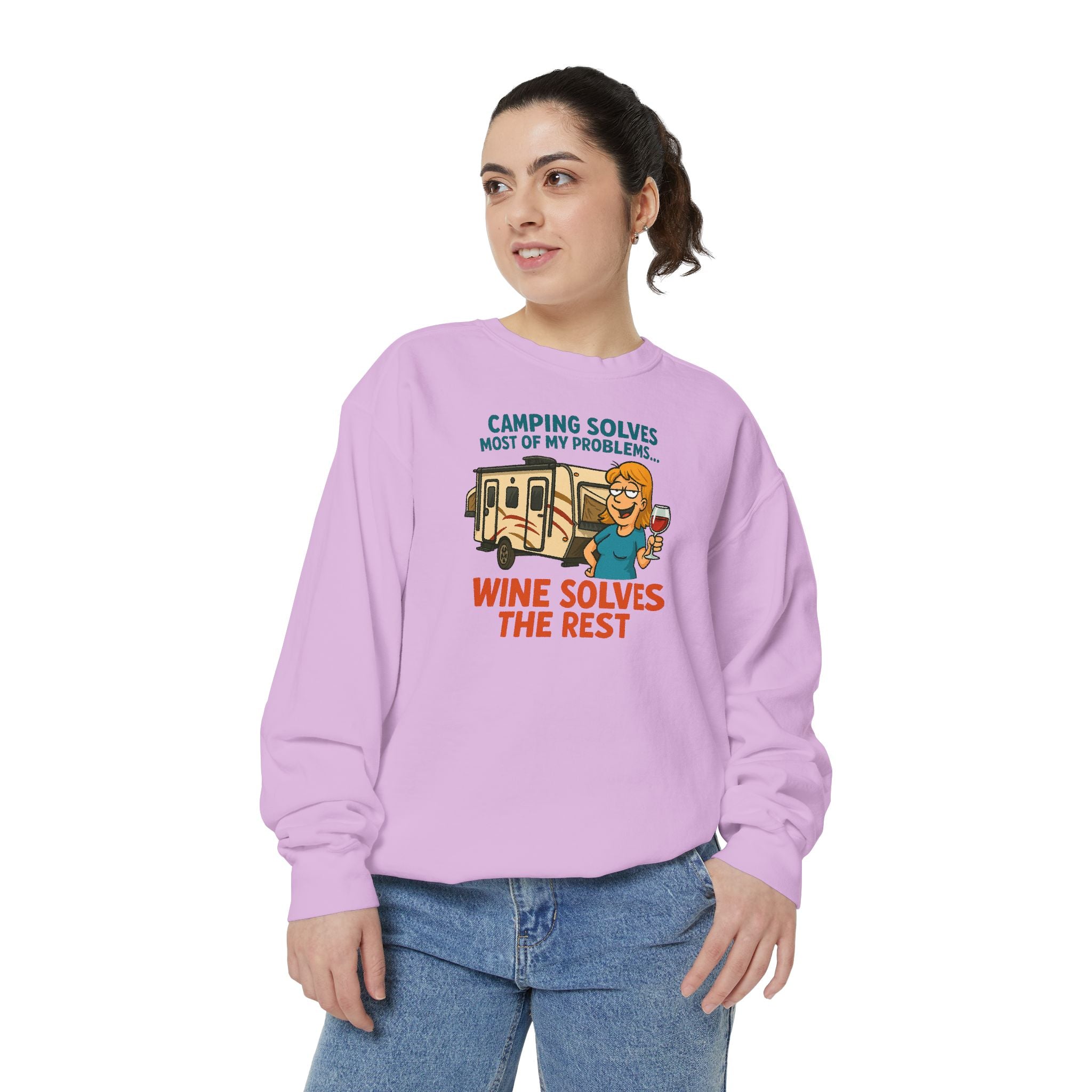 Camping Wine Sweatshirt | Unisex Garment-Dyed Pullover | Cozy Gift for Campers | Outdoor Adventures Apparel | Relaxed Fit Top