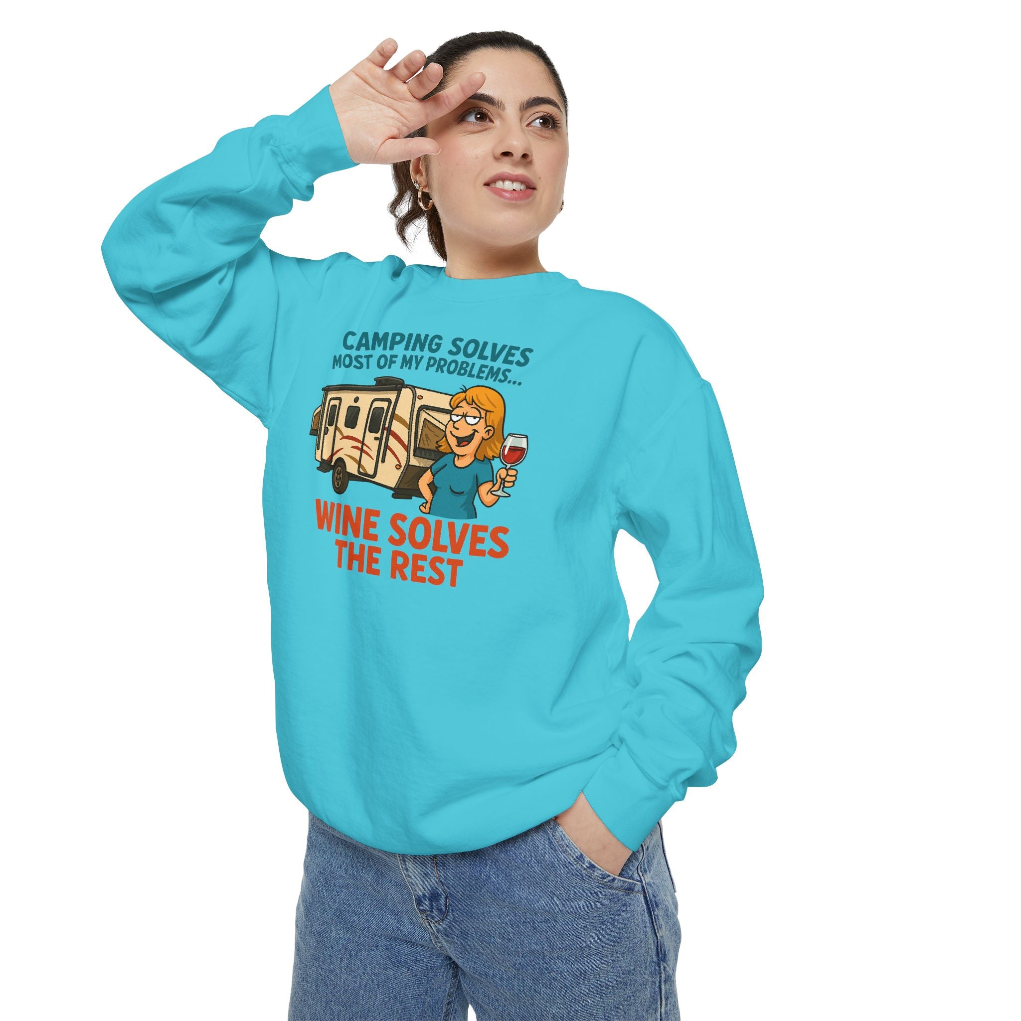 Camping Wine Sweatshirt | Unisex Garment-Dyed Pullover | Cozy Gift for Campers | Outdoor Adventures Apparel | Relaxed Fit Top