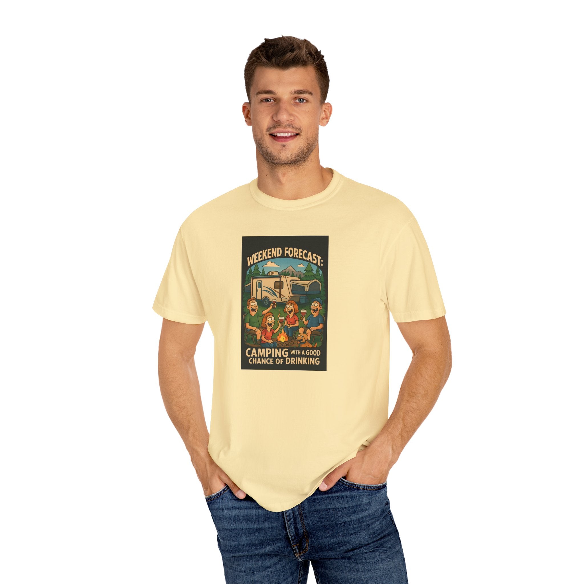 Camping Forecast T-Shirt, Unisex Graphic Tee, Gift for Campers, Outdoor Adventure Apparel, Weekend Getaway Shirt, Nature Lover's Tee