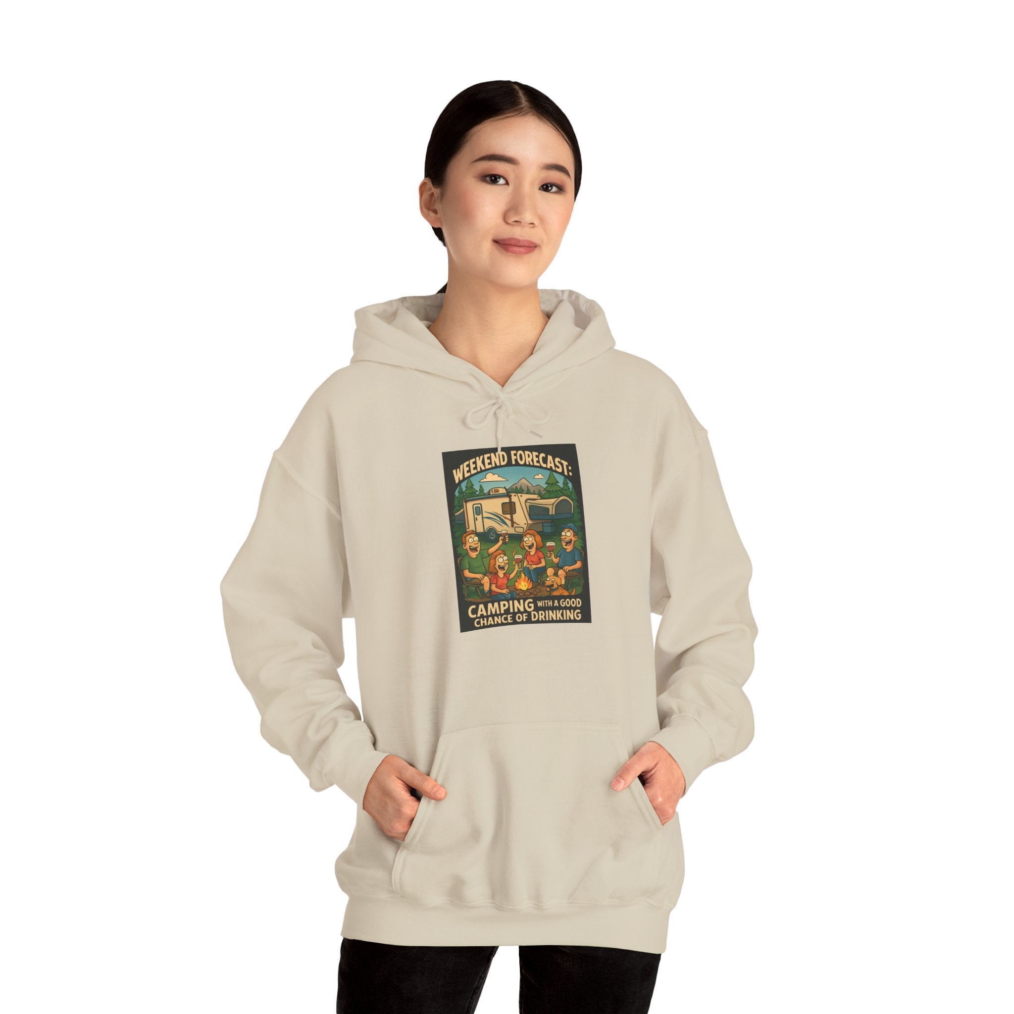 Camping Forecast Graphic Hoodie, Unisex Heavy Blend Sweatshirt, Outdoor Apparel, Weekend Getaway Gift, Nature Lover Clothing