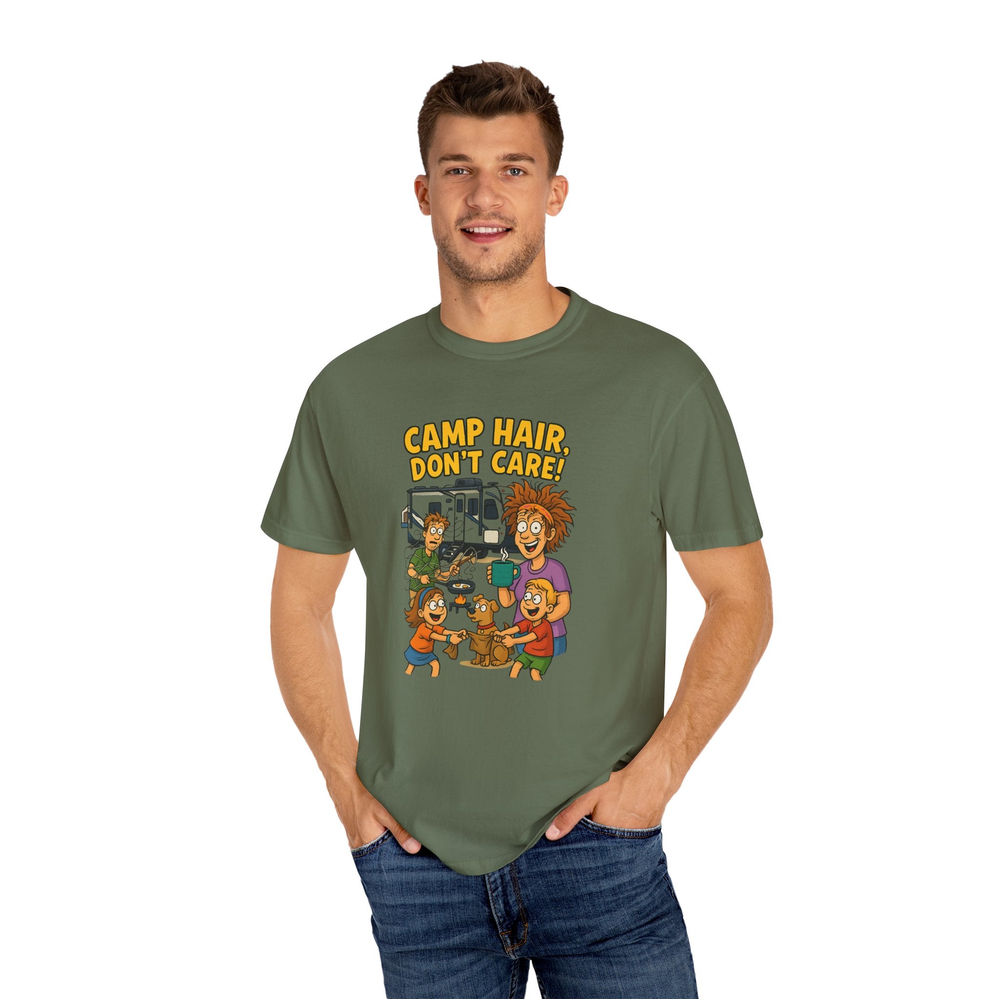 Camp Hair Don't Care T-Shirt, Unisex Garment-Dyed Tee, Camping Apparel, Funny Summer Shirt, Outdoor Lovers Gift, Vacation Essential