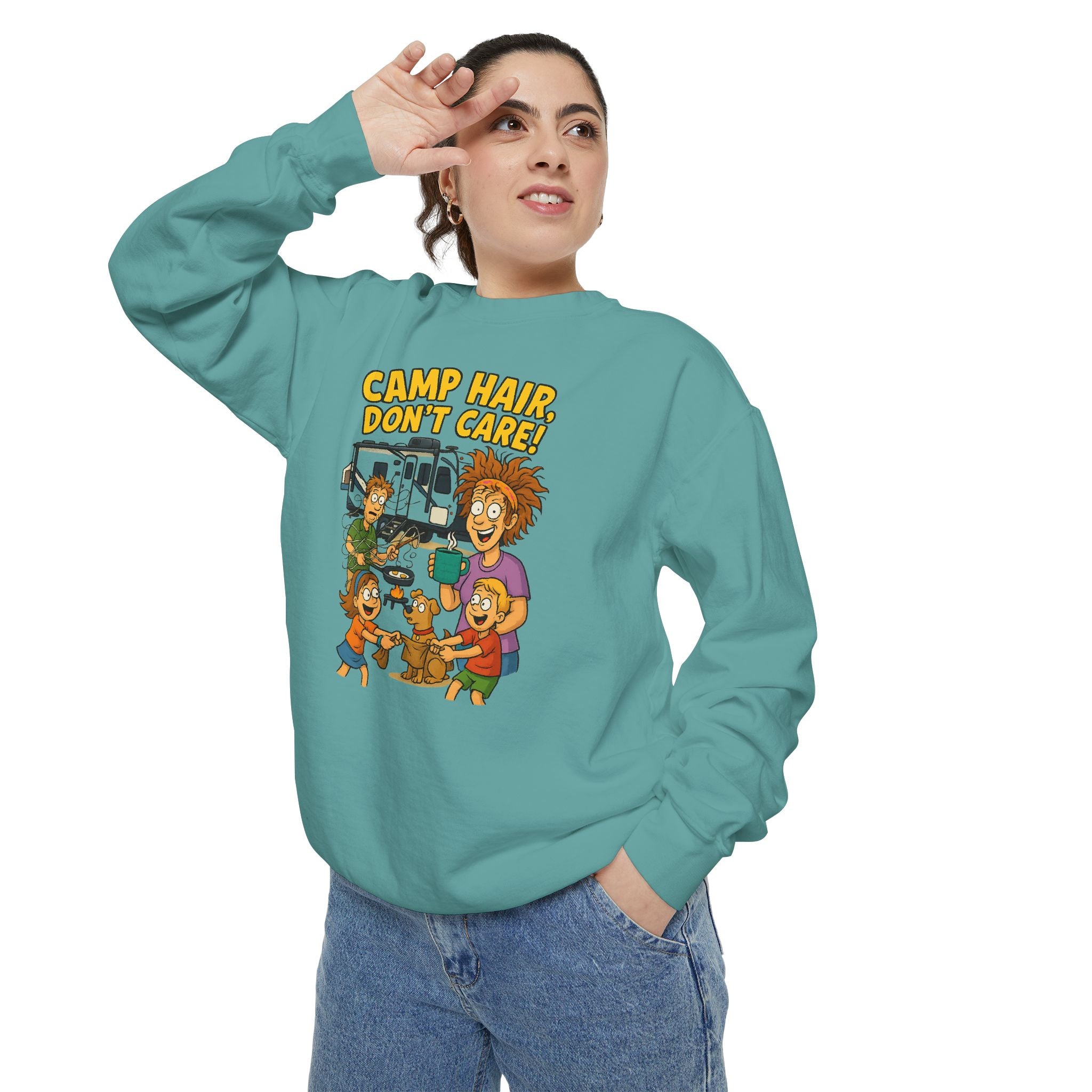 Camp Hair Don't Care Sweatshirt, Cozy Unisex Sweater, Perfect for Campers, Gift for Travel Lovers, Casual Outfit, All Season