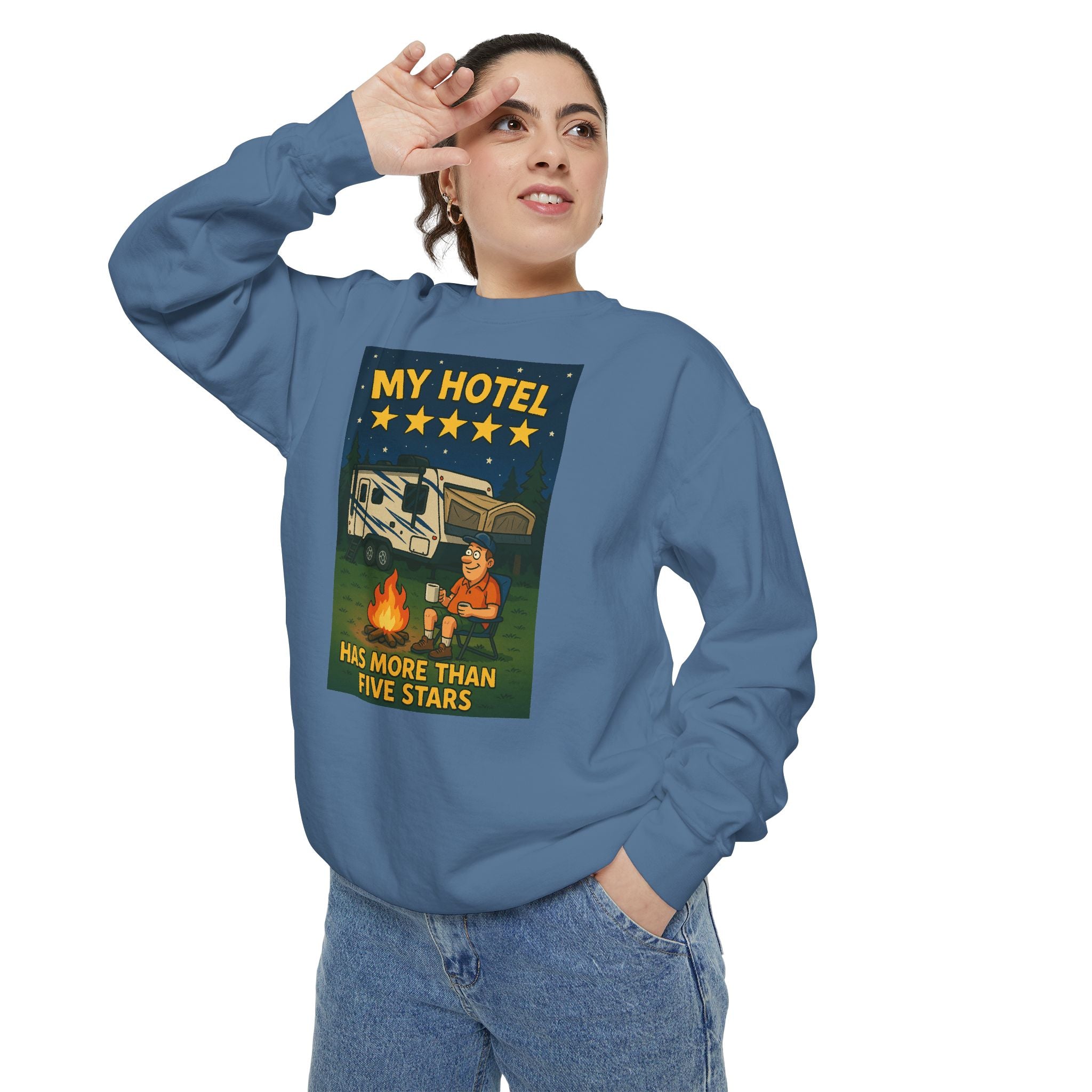 My Hotel Sweatshirt - Cozy Camping Apparel, Unisex Garment-Dyed Sweatshirt for Outdoor Lovers, Perfect for Bonfire Nights, Gift for Campers