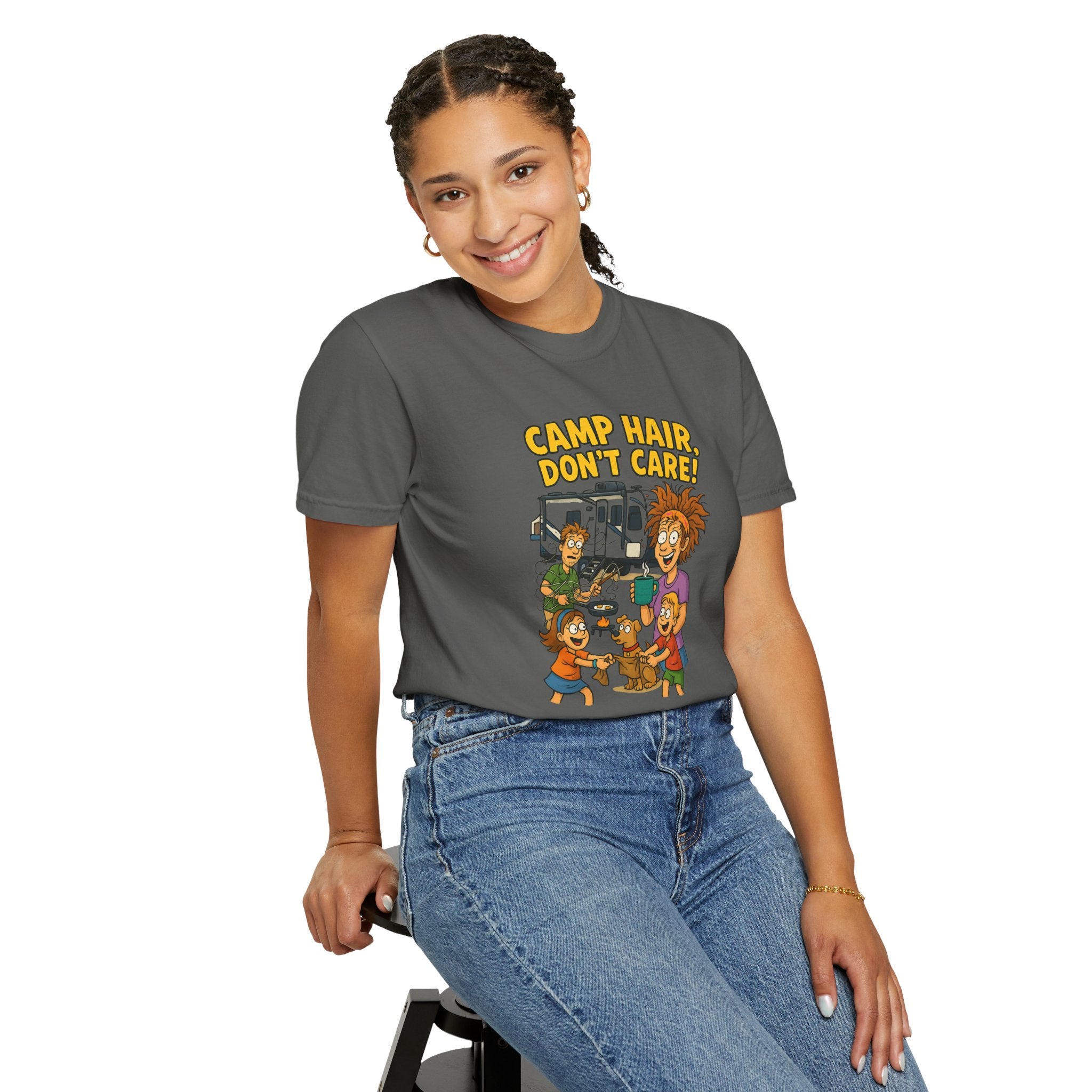 Camp Hair Don't Care T-Shirt, Unisex Garment-Dyed Tee, Camping Apparel, Funny Summer Shirt, Outdoor Lovers Gift, Vacation Essential