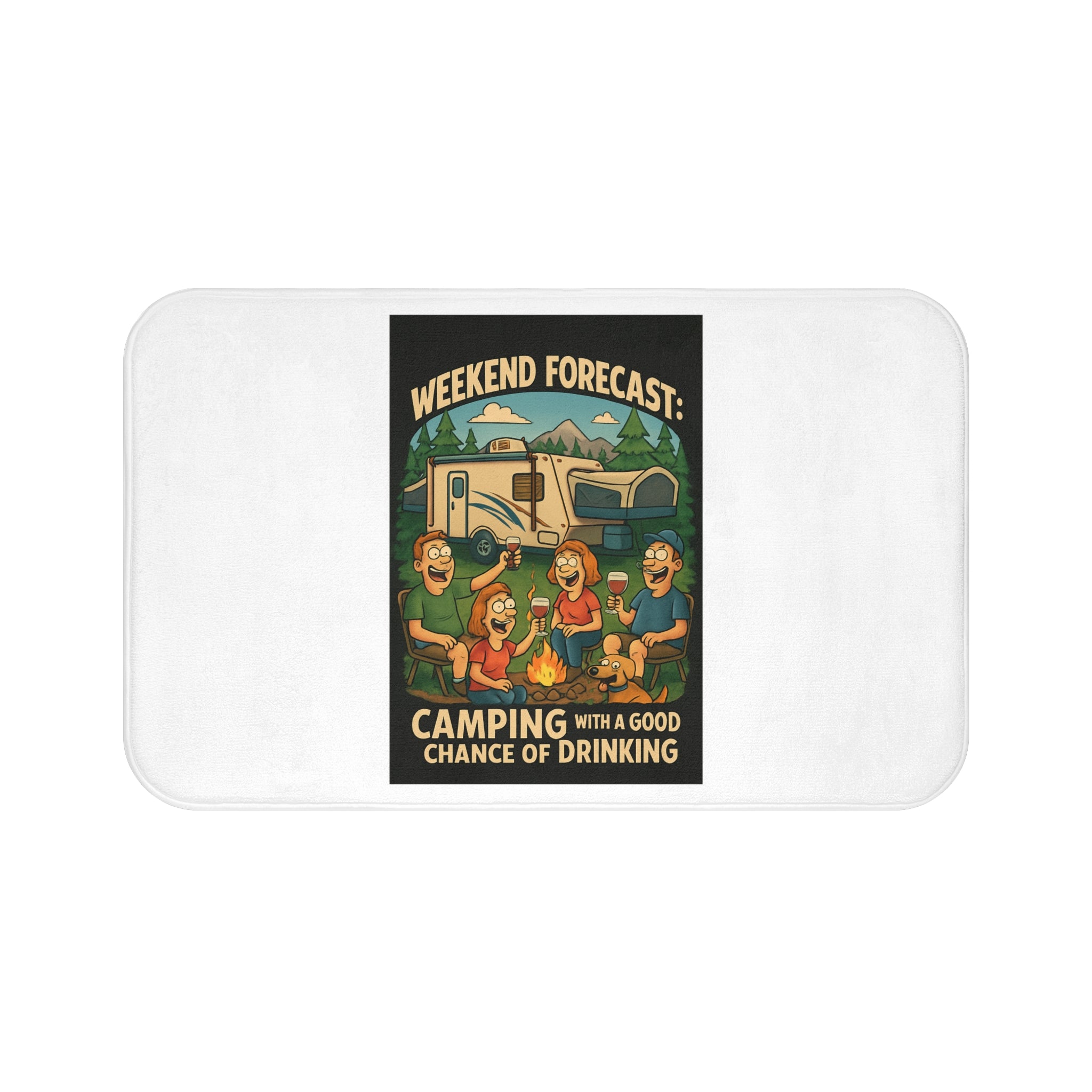 Weekend Forecast Camping Bath Mat, Fun Bath Mat for Campers, Outdoor Bath Decor, Gift for Camping Lovers, Bathroom Accessories