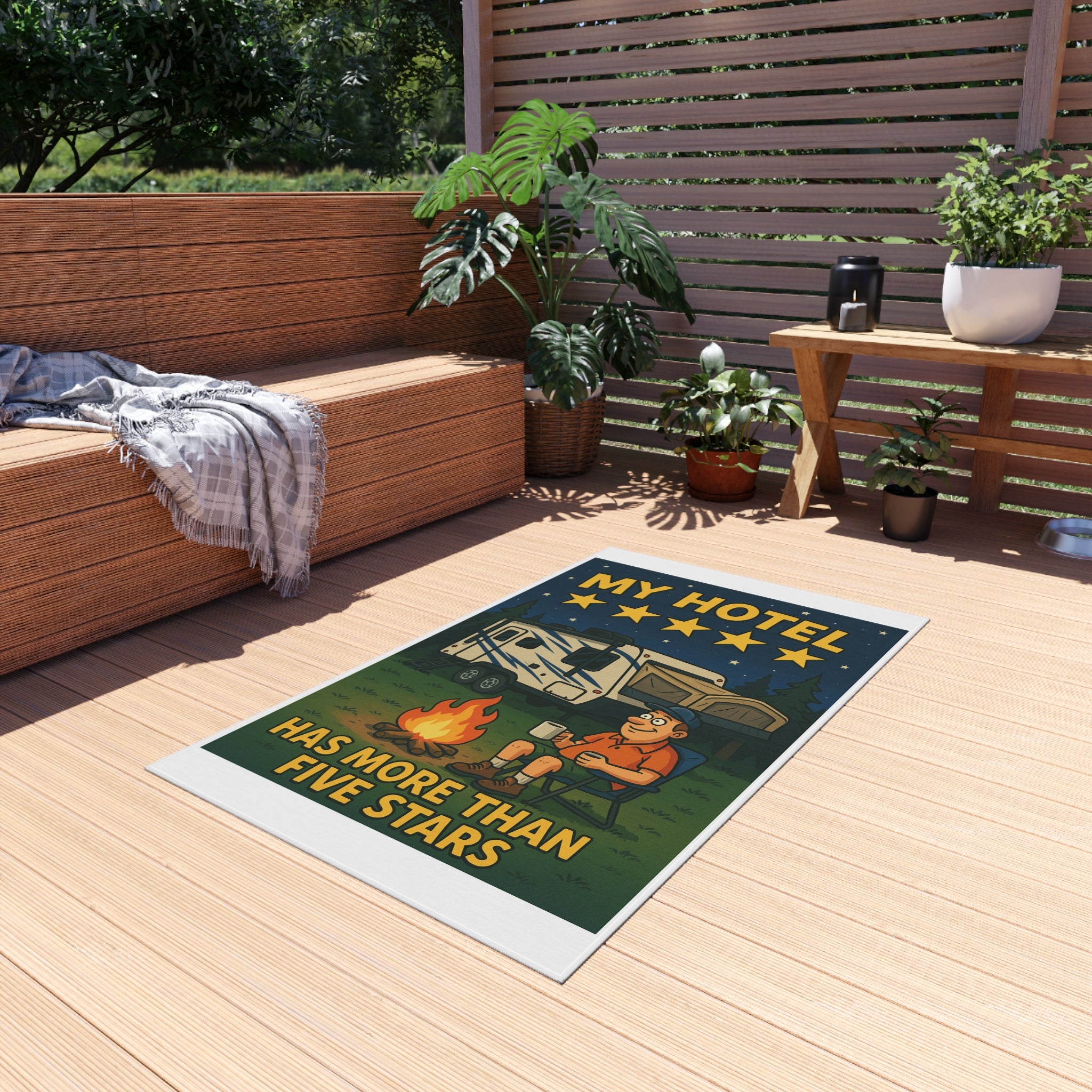 Camping Outdoor Rug, Fun Retro Style Rug, My Hotel Has More Than Five Stars, Perfect for Campers, Patio Decor, RV Accessories