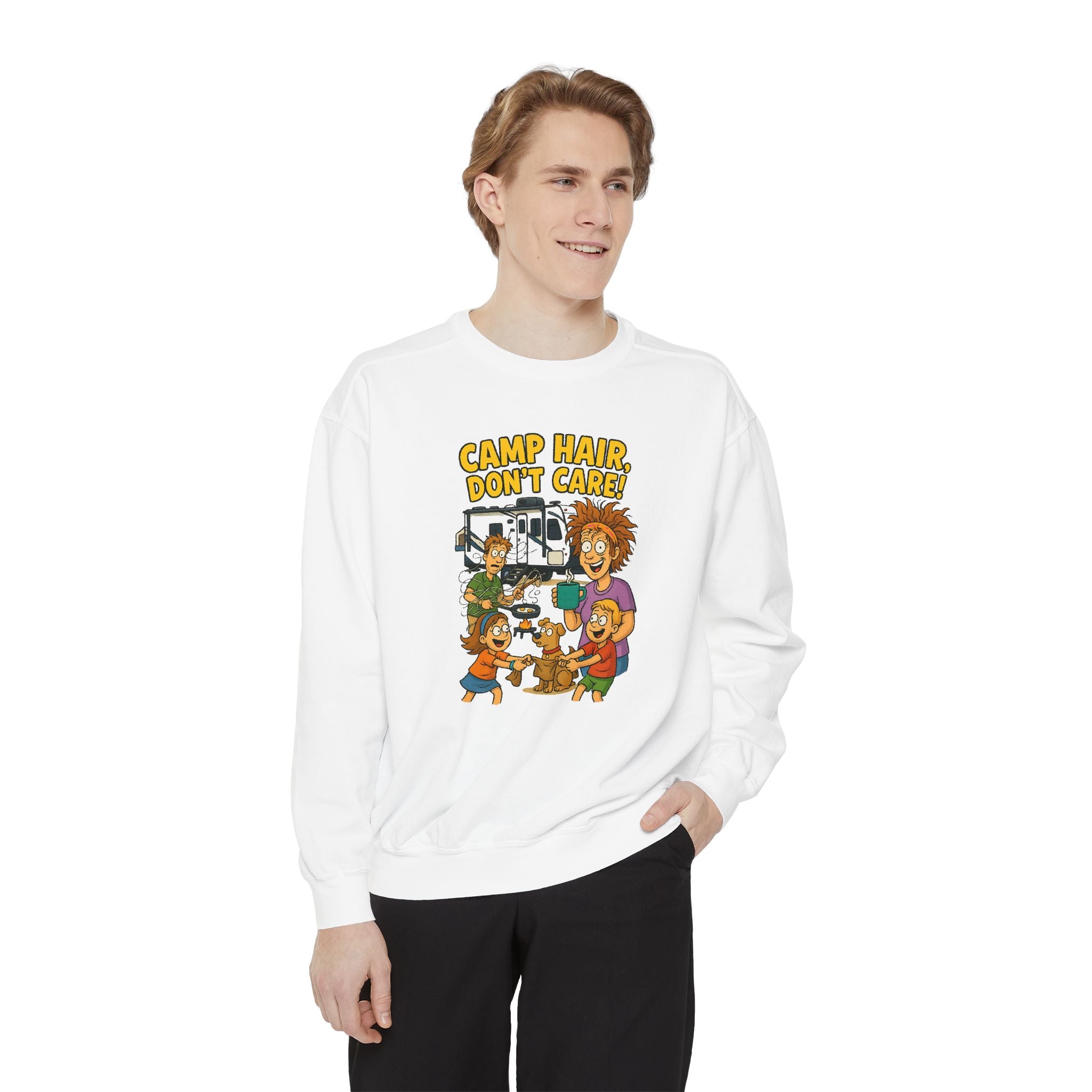 Camp Hair Don't Care Sweatshirt, Cozy Unisex Sweater, Perfect for Campers, Gift for Travel Lovers, Casual Outfit, All Season