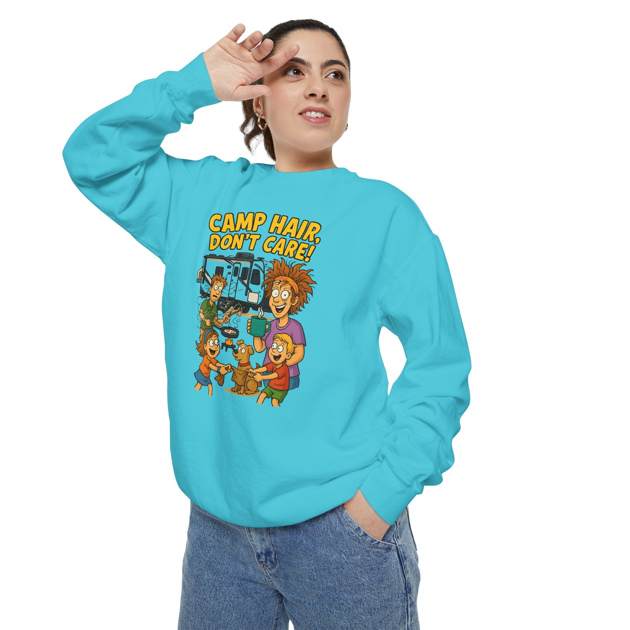 Camp Hair Don't Care Sweatshirt, Cozy Unisex Sweater, Perfect for Campers, Gift for Travel Lovers, Casual Outfit, All Season