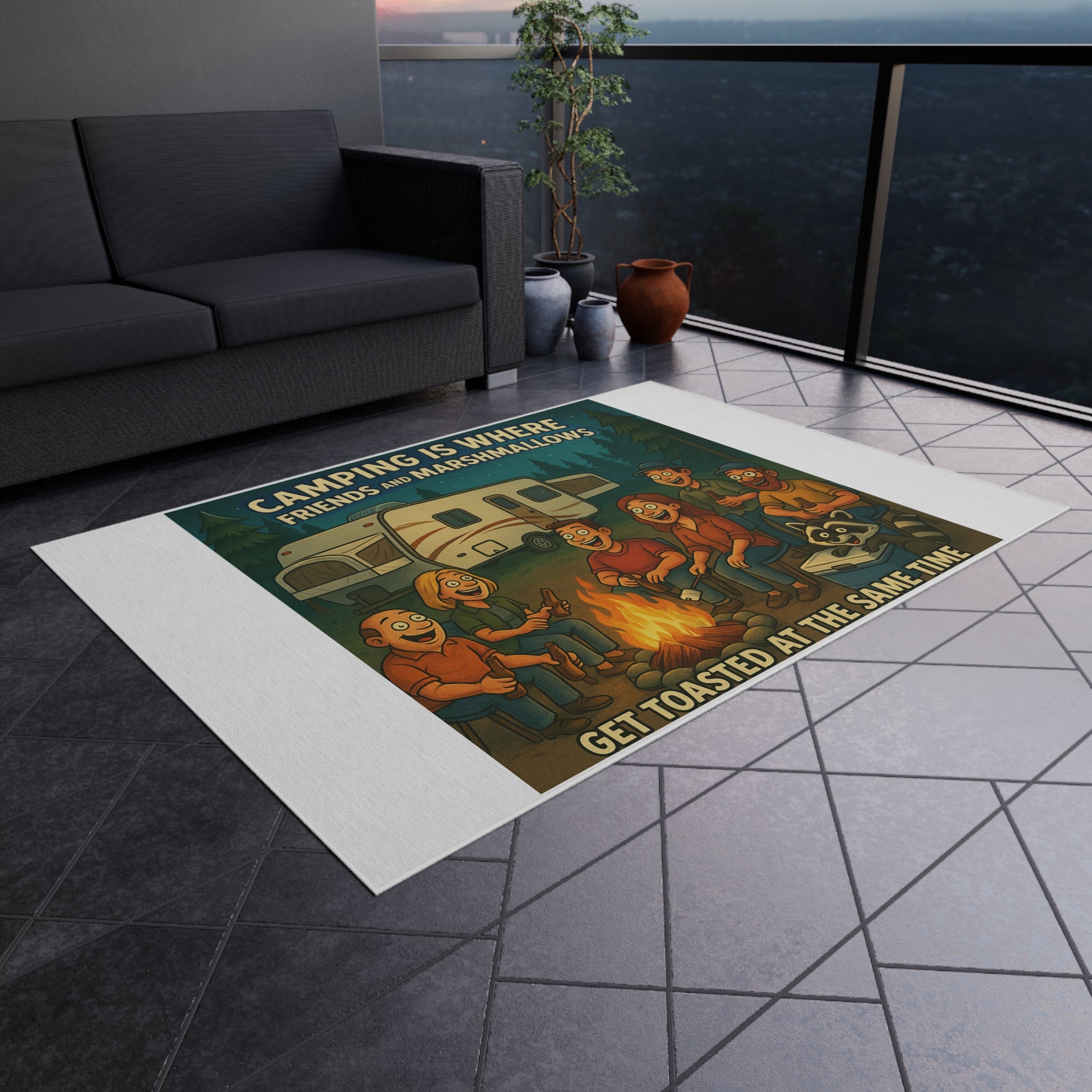 Camping Outdoor Rug, Fun Outdoor Decor, Cozy Patio Mat, Ideal for Camping, BBQs, Ahead of Summer Adventures