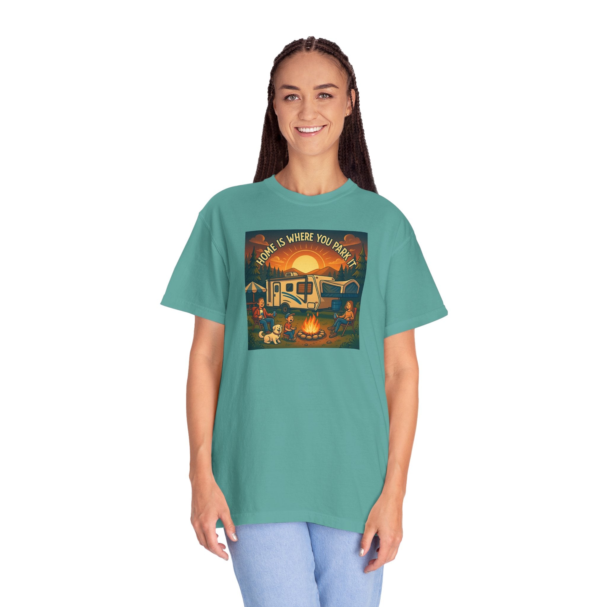 Home Is Where You Park T-shirt - Unisex Garment-Dyed Tee for Campers, Adventure Lovers, Outdoor Enthusiasts, Gift Idea
