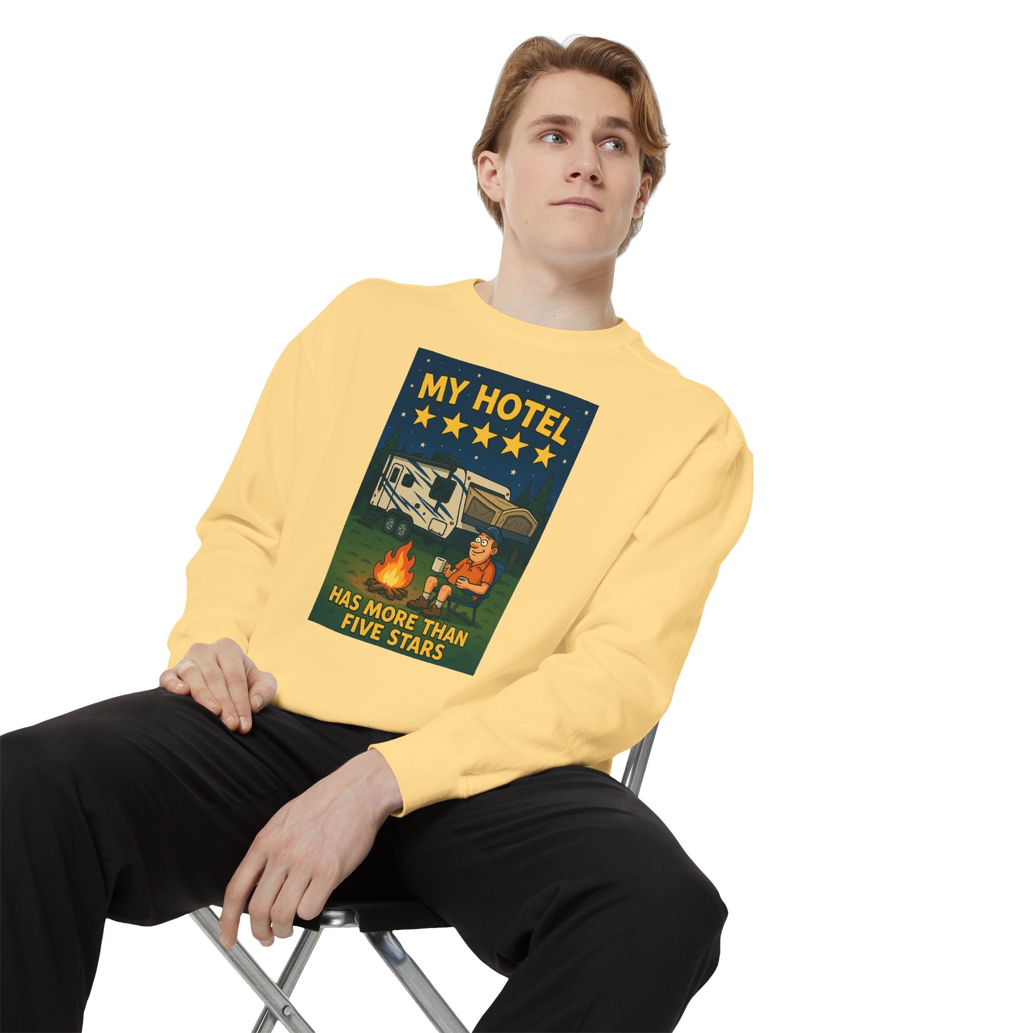 My Hotel Sweatshirt - Cozy Camping Apparel, Unisex Garment-Dyed Sweatshirt for Outdoor Lovers, Perfect for Bonfire Nights, Gift for Campers