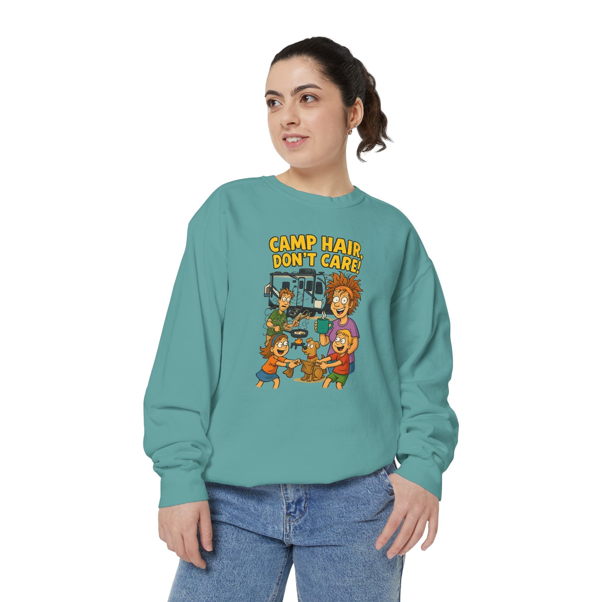Camp Hair Don't Care Sweatshirt, Cozy Unisex Sweater, Perfect for Campers, Gift for Travel Lovers, Casual Outfit, All Season