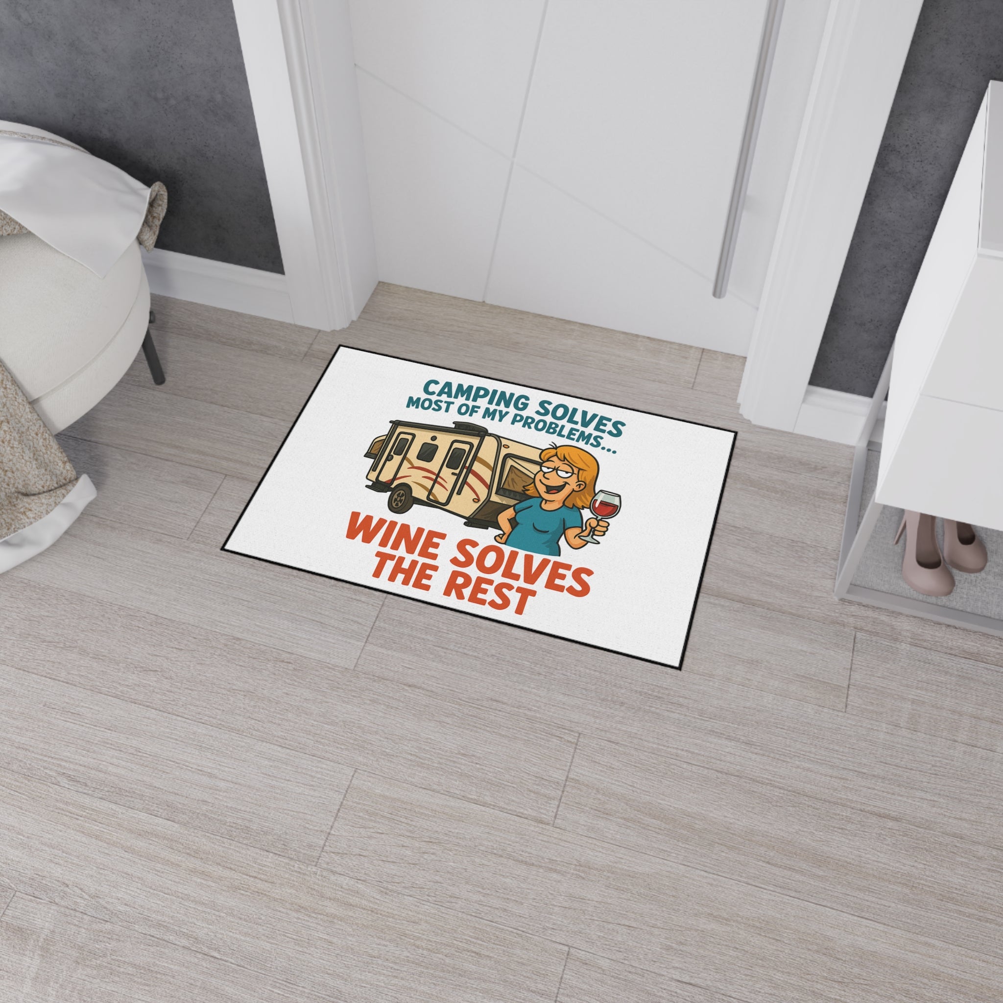Camping Themed Floor Mat - 'Camping Solves... Wine Solves the Rest', Outdoor Decor, RV Accessories, Gift for Campers, Wine Lovers