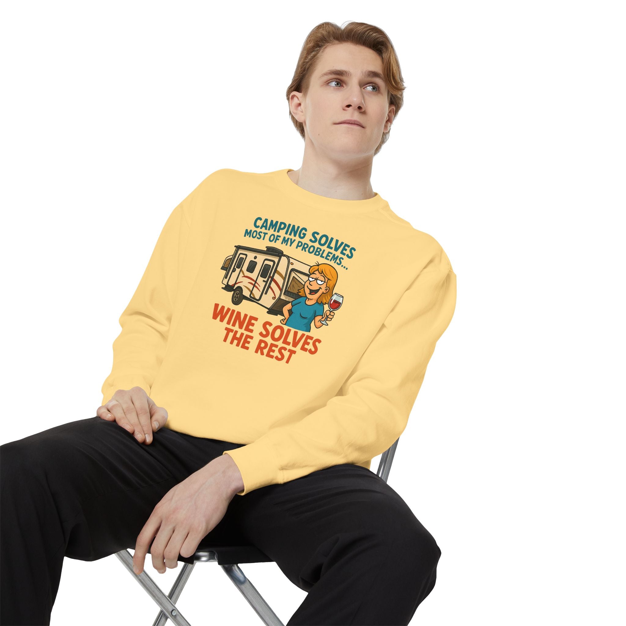 Camping Wine Sweatshirt | Unisex Garment-Dyed Pullover | Cozy Gift for Campers | Outdoor Adventures Apparel | Relaxed Fit Top