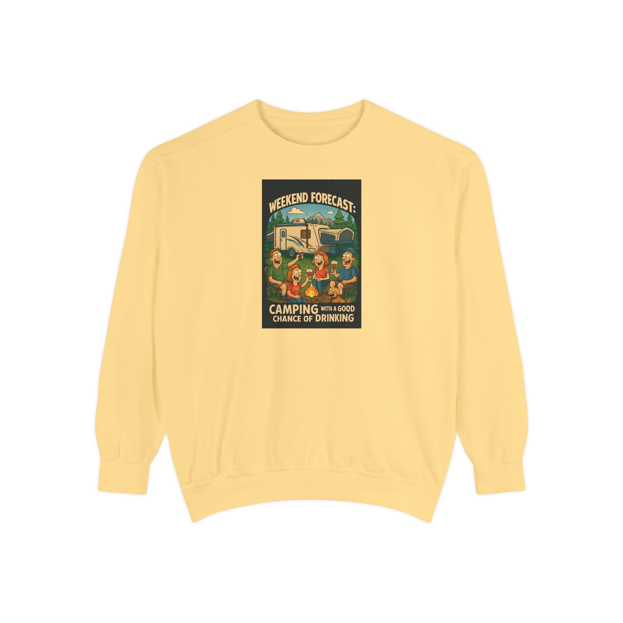 Weekend Forecast Camping Sweatshirt, Cozy Unisex Sweatshirt, Gift for Campers, Outdoor Adventure Apparel, Relaxed Fit Sweatshirt