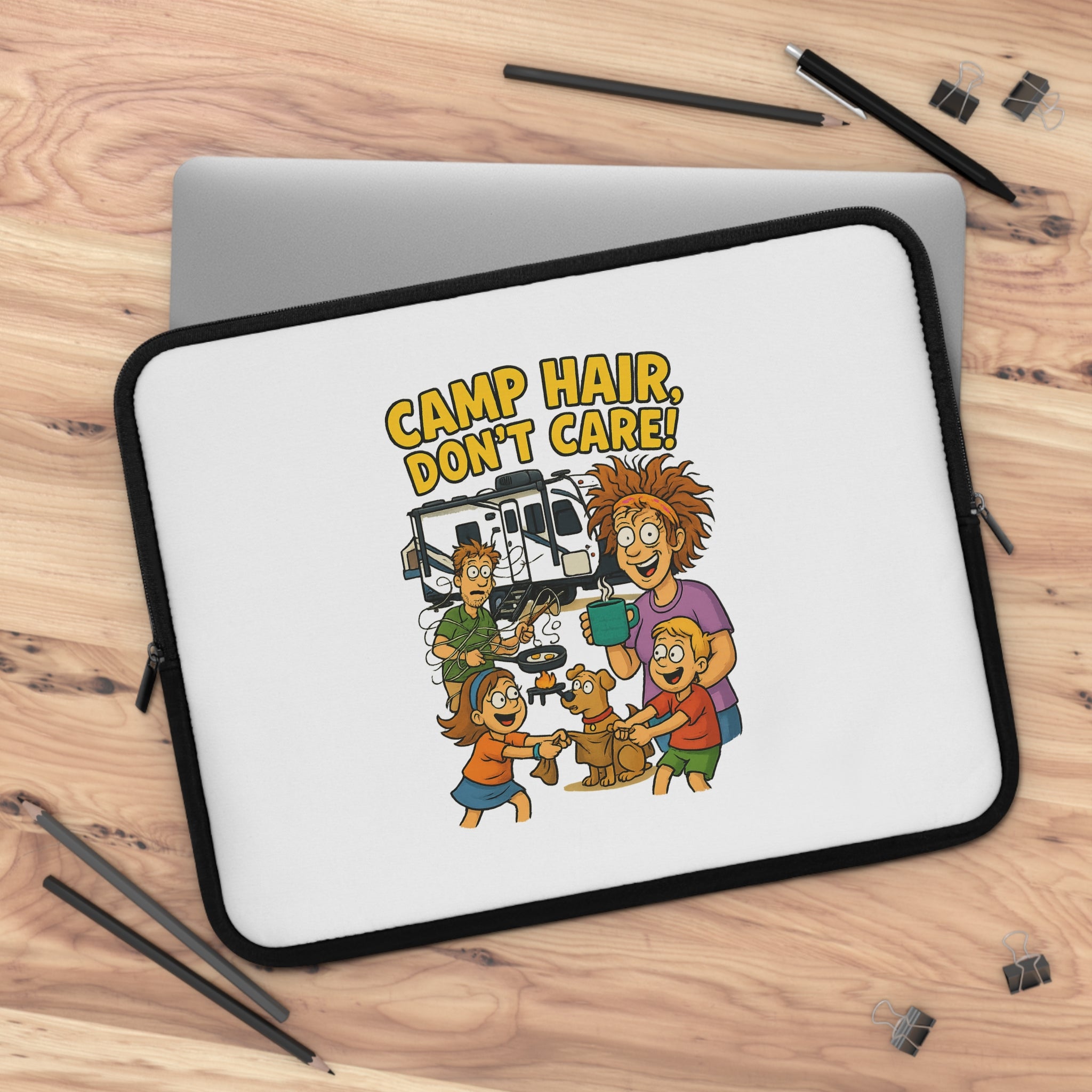 Laptop Sleeve, Camp Hair Don't Care Design, Cute Animal Lover Gift, Summer Camp Accessory, Travel Electronics Organizer